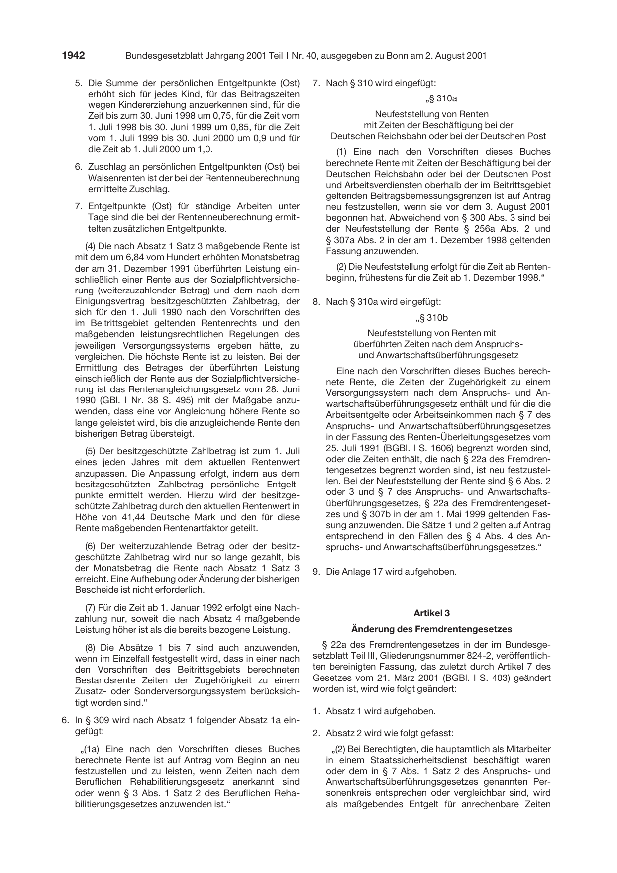 BGBl. 2001, Seite 1942 — Originalseite als Abbildung