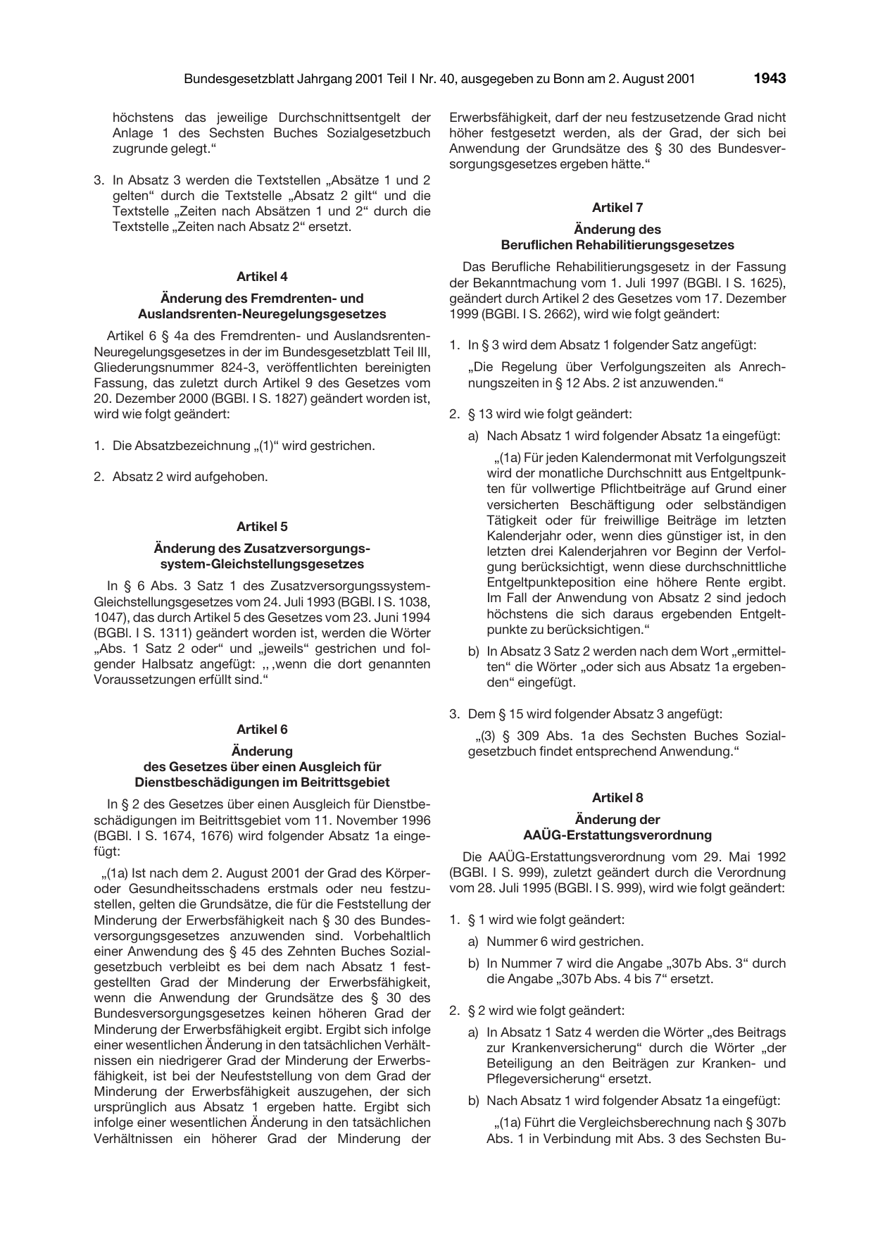 BGBl. 2001, Seite 1943 — Originalseite als Abbildung