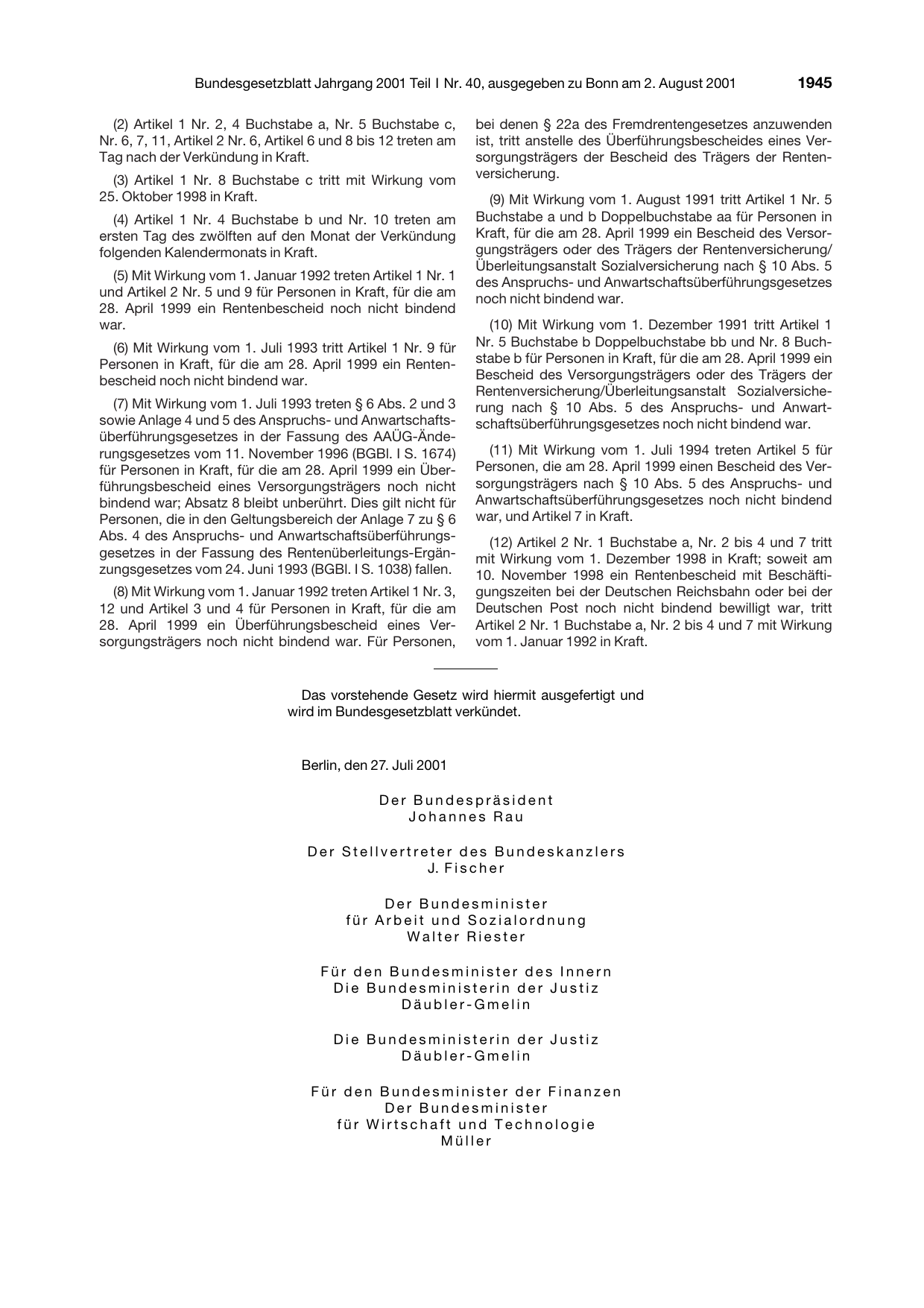 BGBl. 2001, Seite 1945 — Originalseite als Abbildung