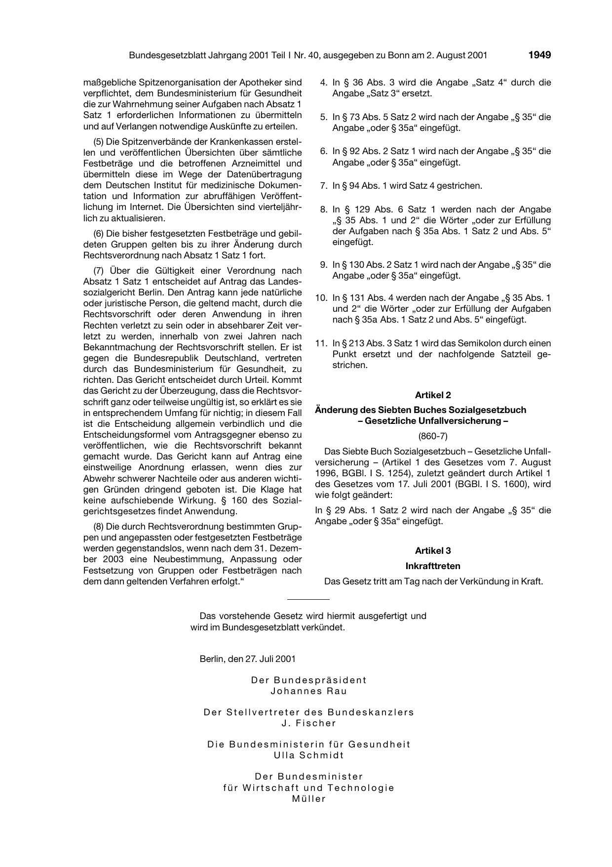 BGBl. 2001, Seite 1949 — Originalseite als Abbildung