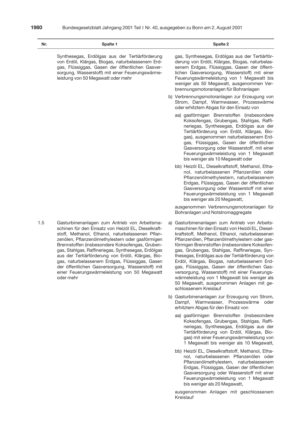 BGBl. 2001, Seite 1980 — Originalseite als Abbildung