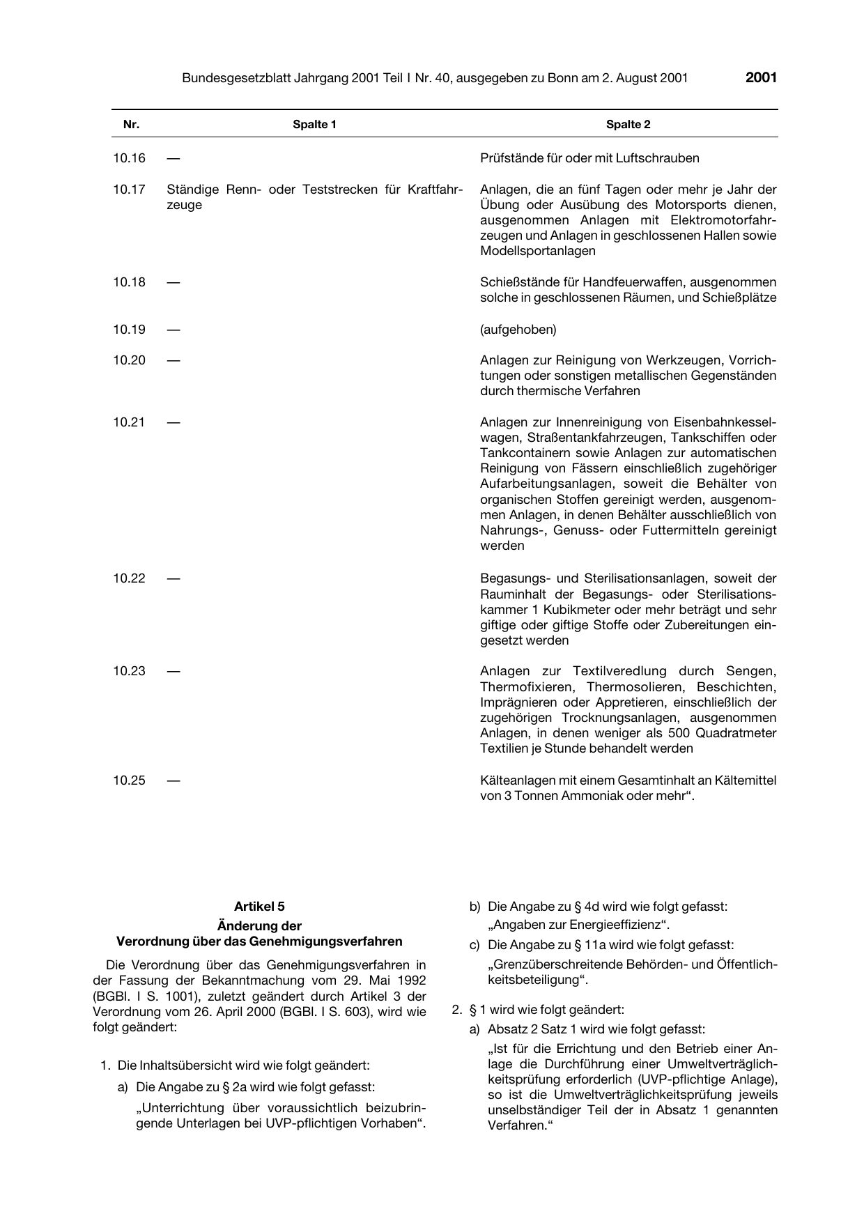BGBl. 2001, Seite 2001 — Originalseite als Abbildung