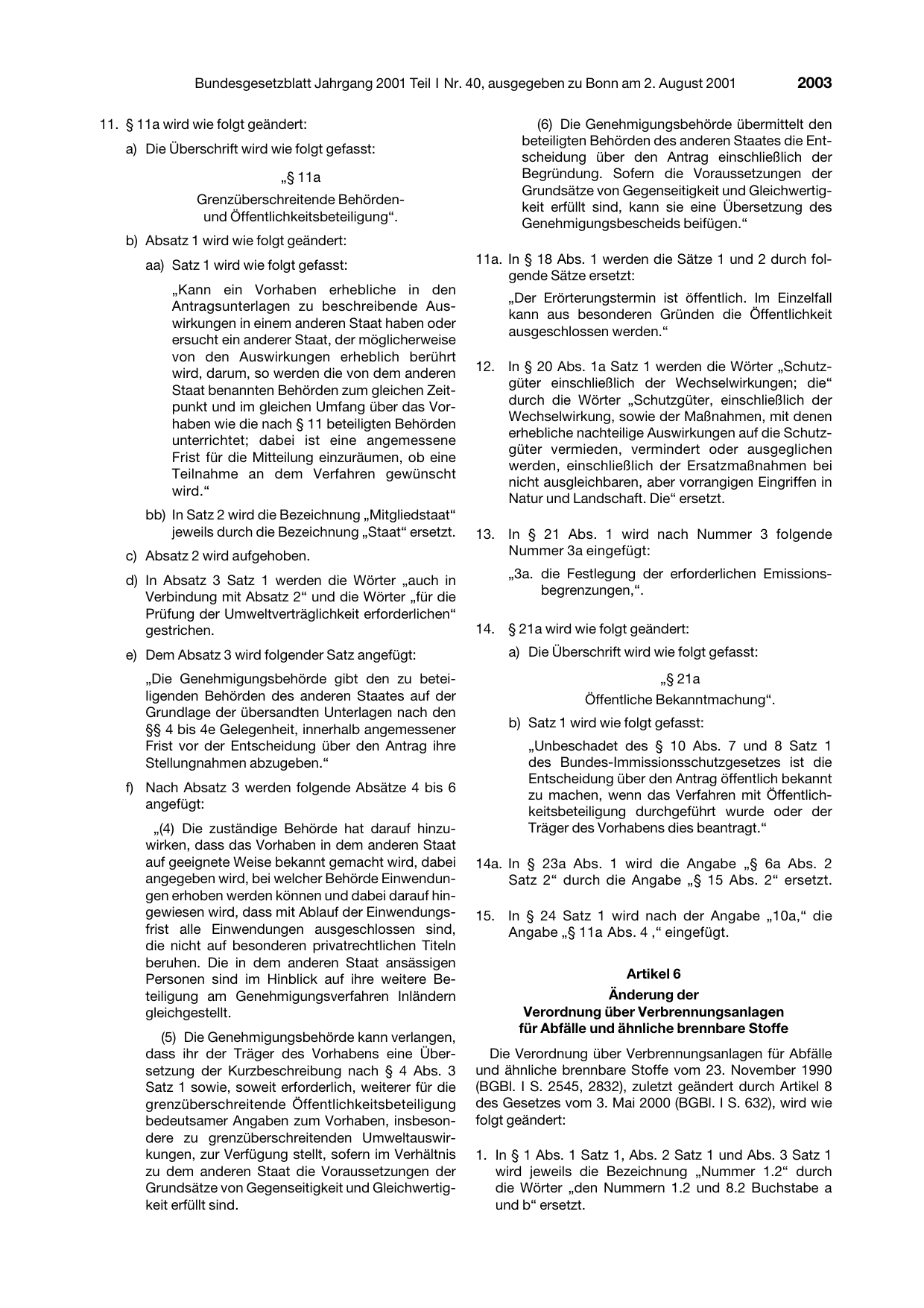 BGBl. 2001, Seite 2003 — Originalseite als Abbildung
