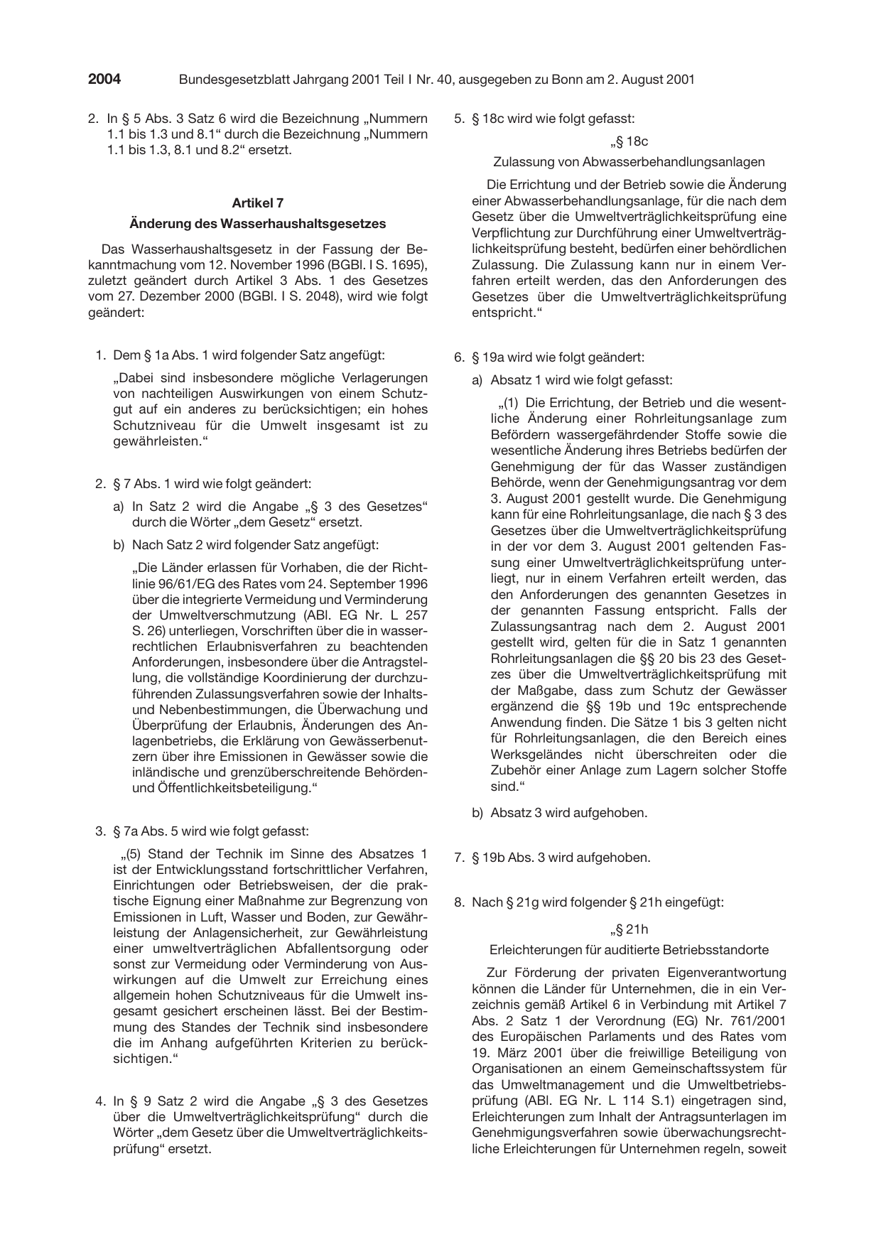 BGBl. 2001, Seite 2004 — Originalseite als Abbildung
