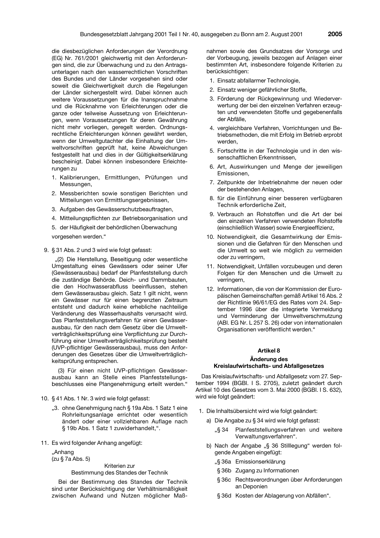 BGBl. 2001, Seite 2005 — Originalseite als Abbildung