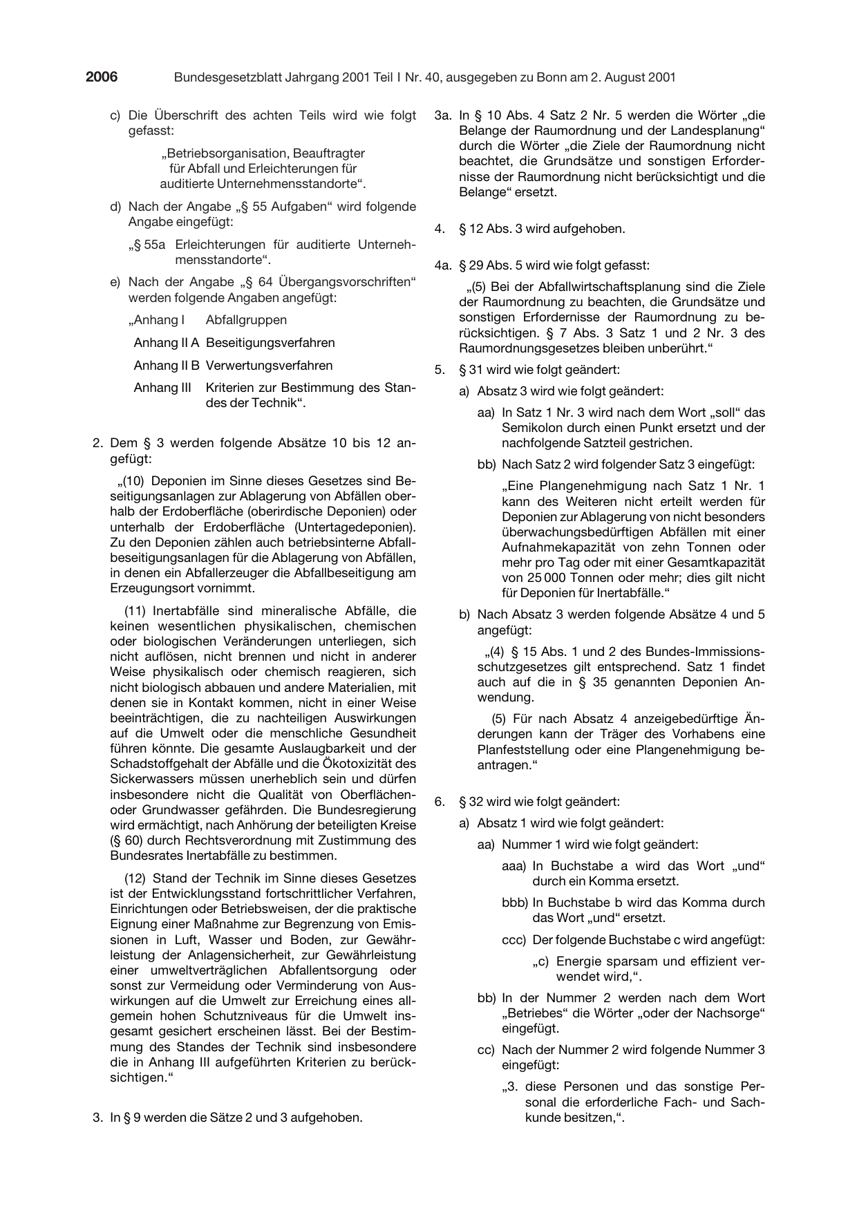 BGBl. 2001, Seite 2006 — Originalseite als Abbildung