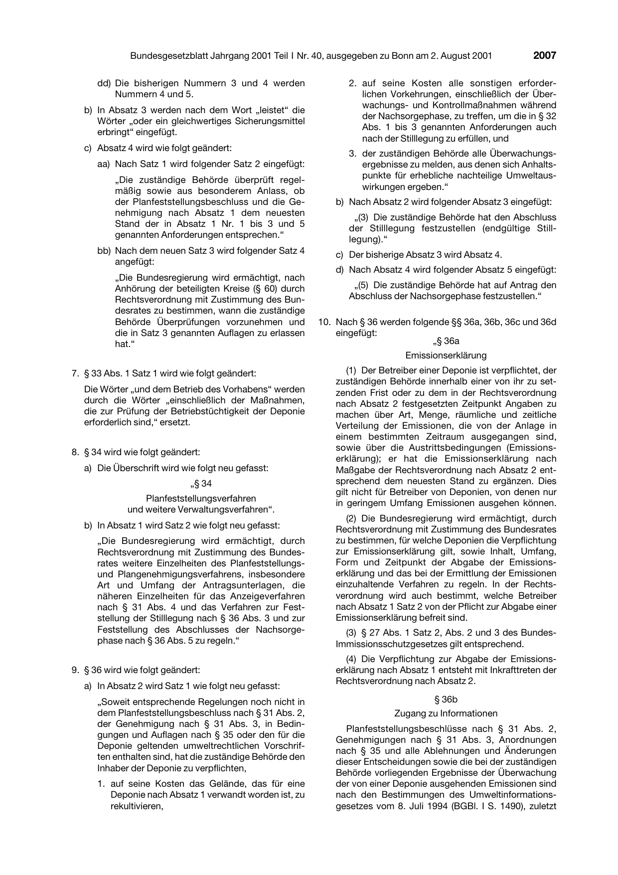 BGBl. 2001, Seite 2007 — Originalseite als Abbildung