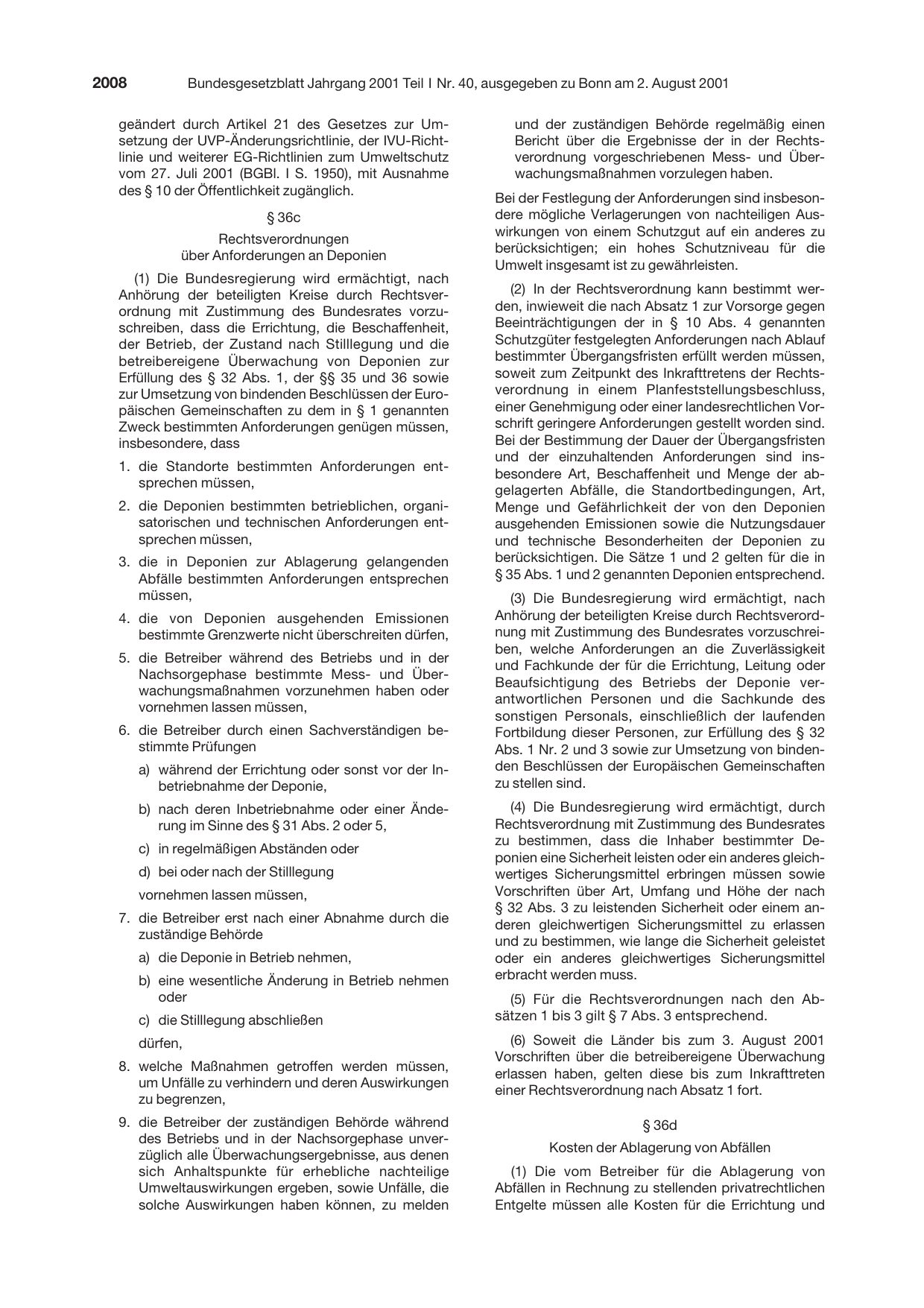 BGBl. 2001, Seite 2008 — Originalseite als Abbildung