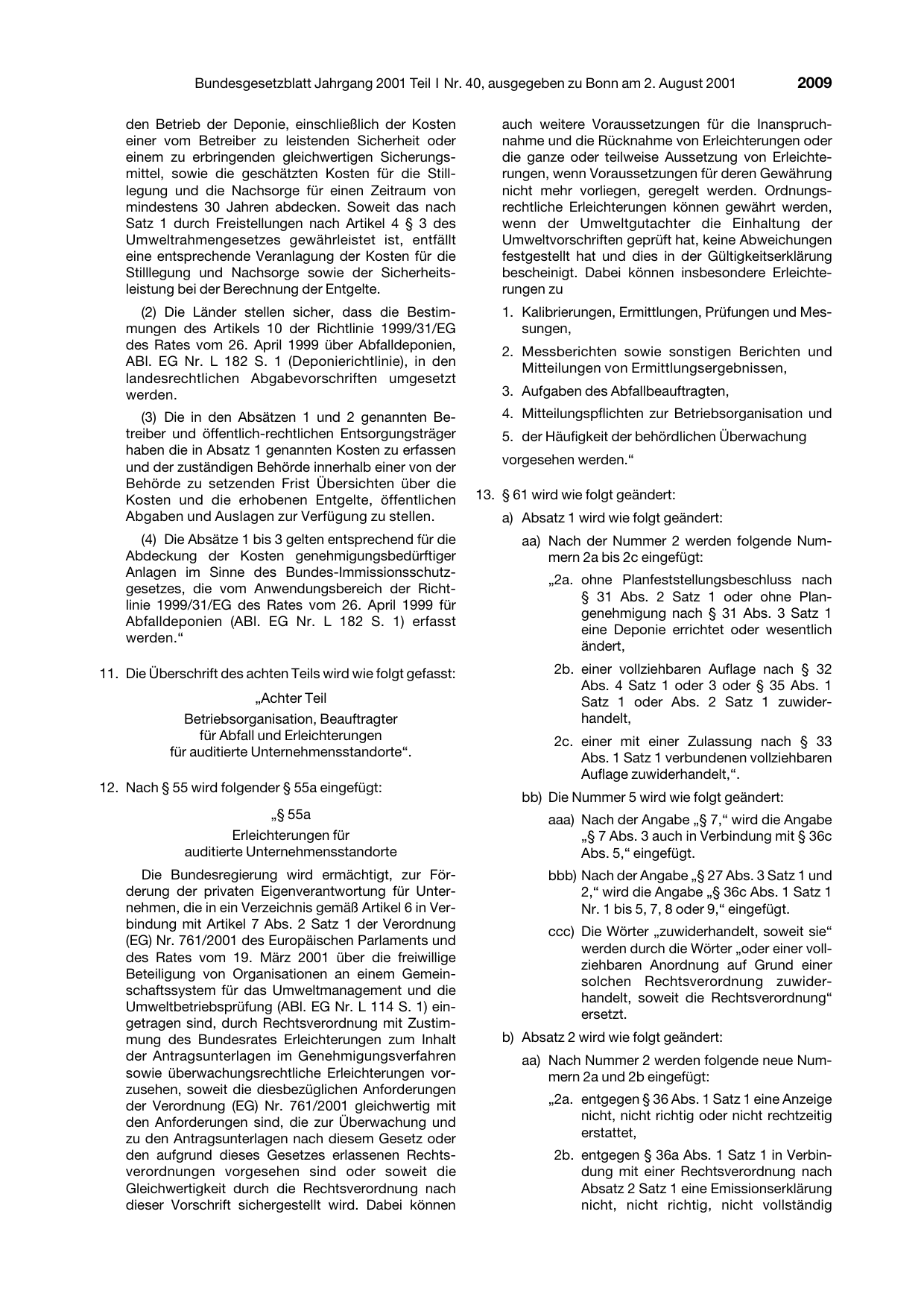 BGBl. 2001, Seite 2009 — Originalseite als Abbildung