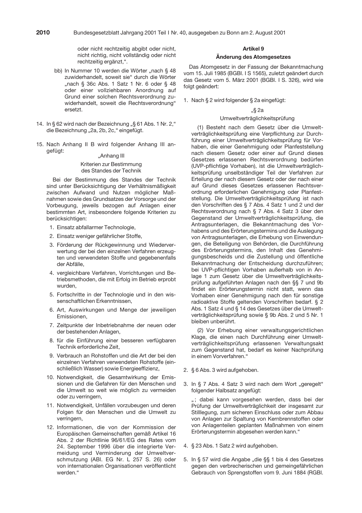 BGBl. 2001, Seite 2010 — Originalseite als Abbildung