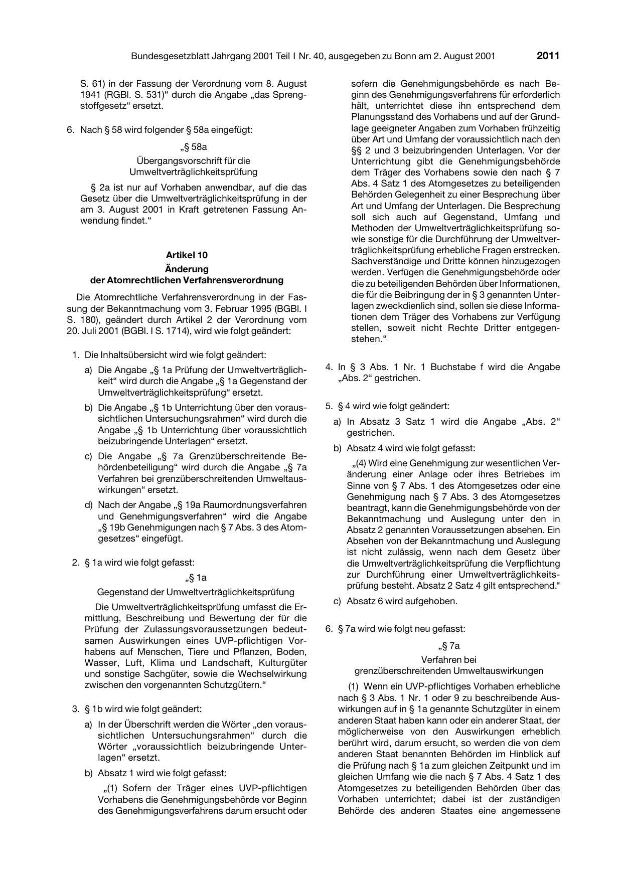 BGBl. 2001, Seite 2011 — Originalseite als Abbildung