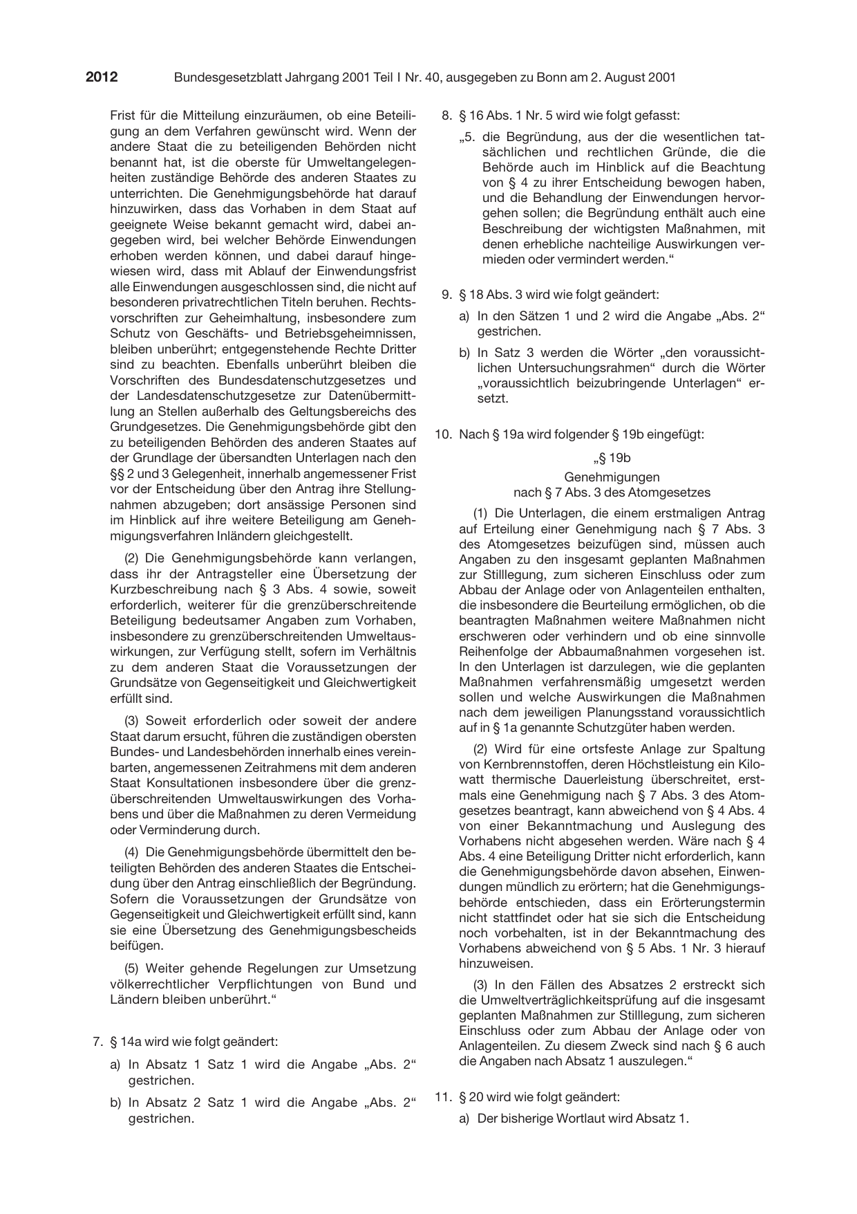 BGBl. 2001, Seite 2012 — Originalseite als Abbildung