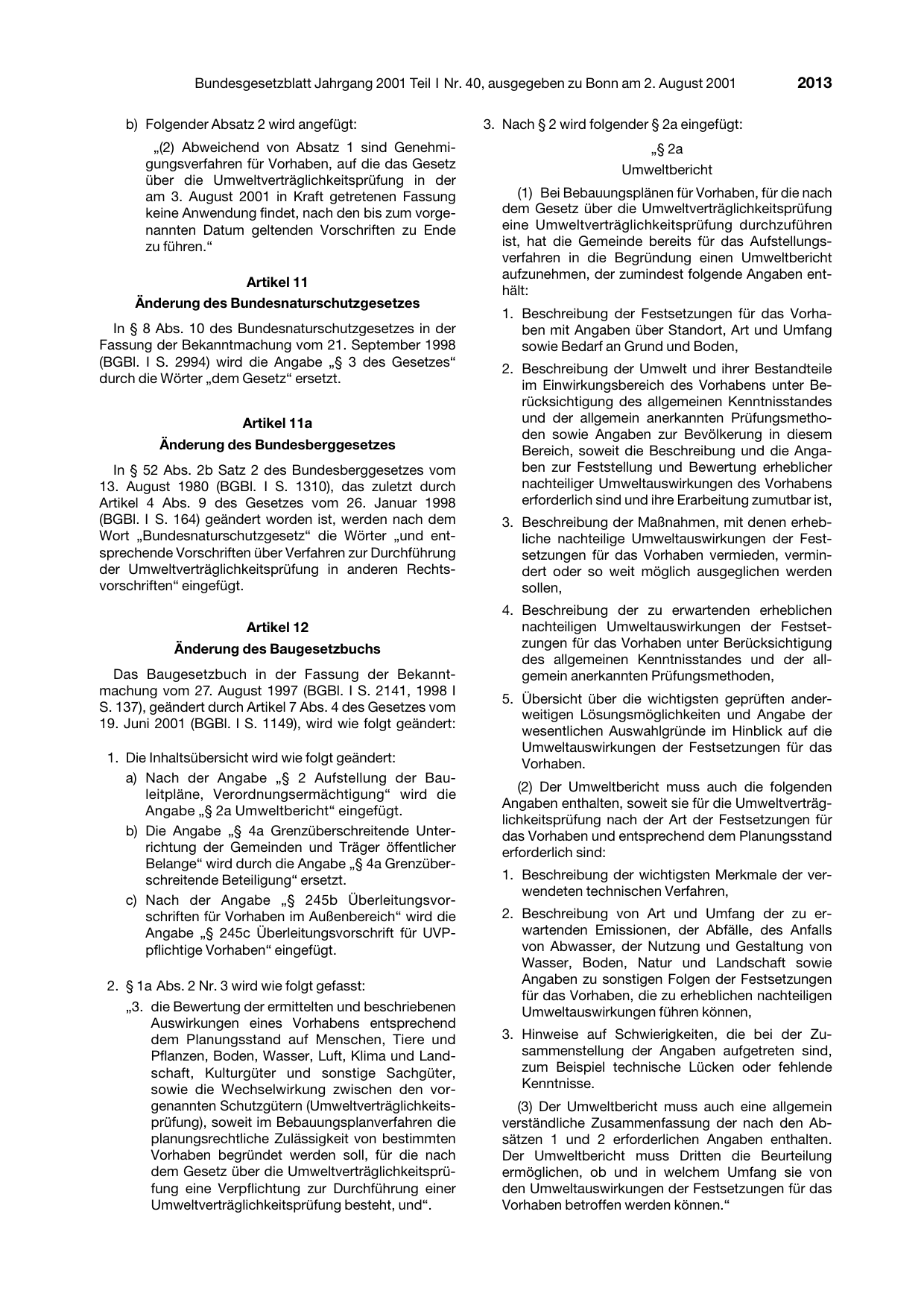 BGBl. 2001, Seite 2013 — Originalseite als Abbildung