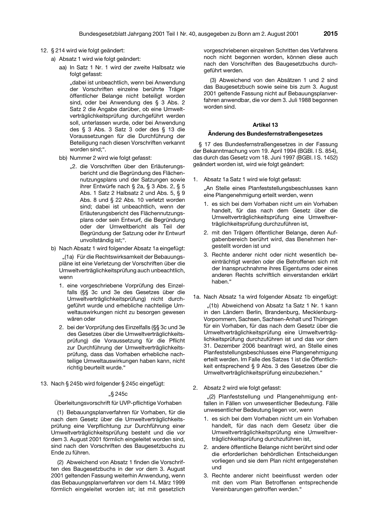 BGBl. 2001, Seite 2015 — Originalseite als Abbildung