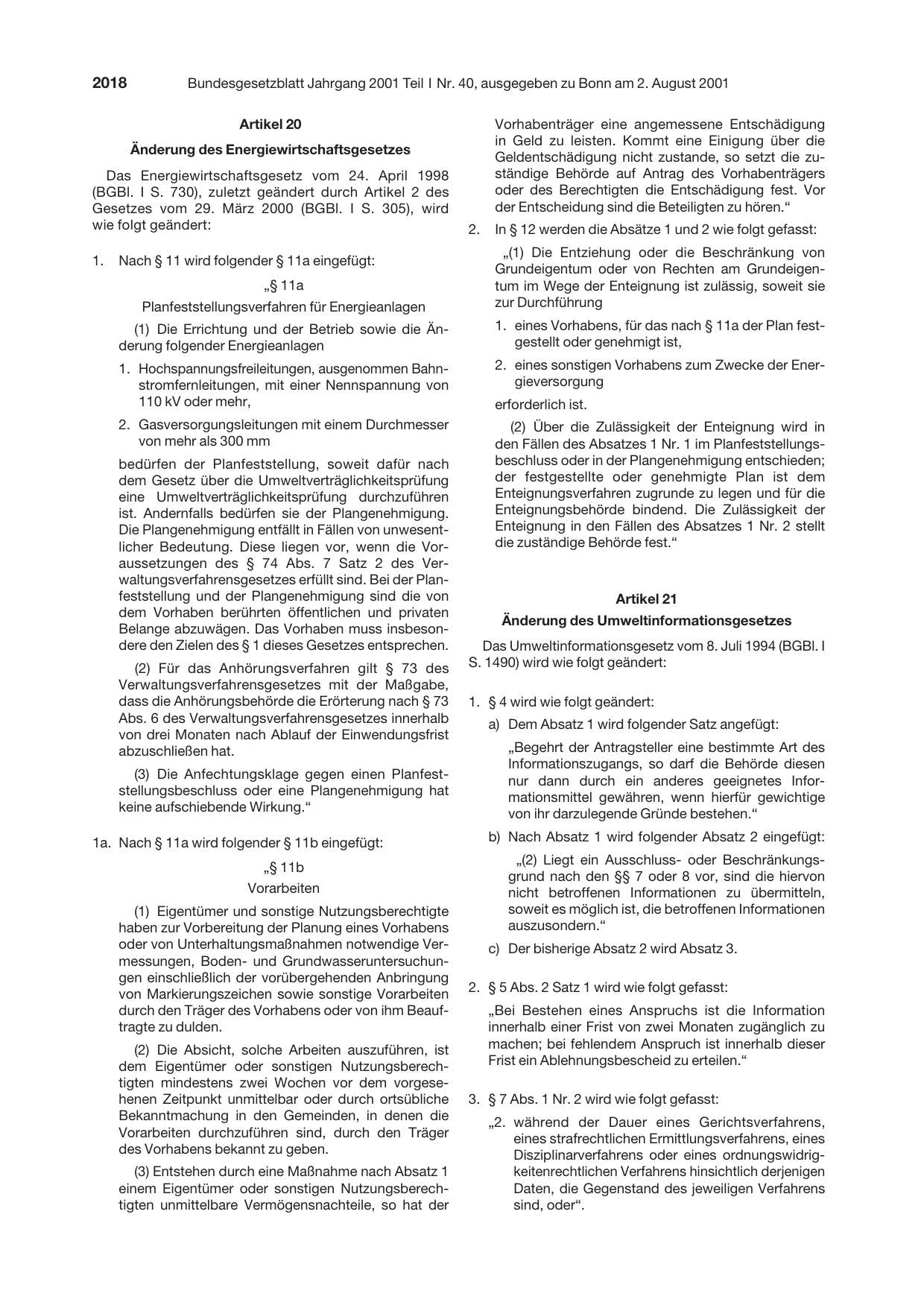 BGBl. 2001, Seite 2018 — Originalseite als Abbildung