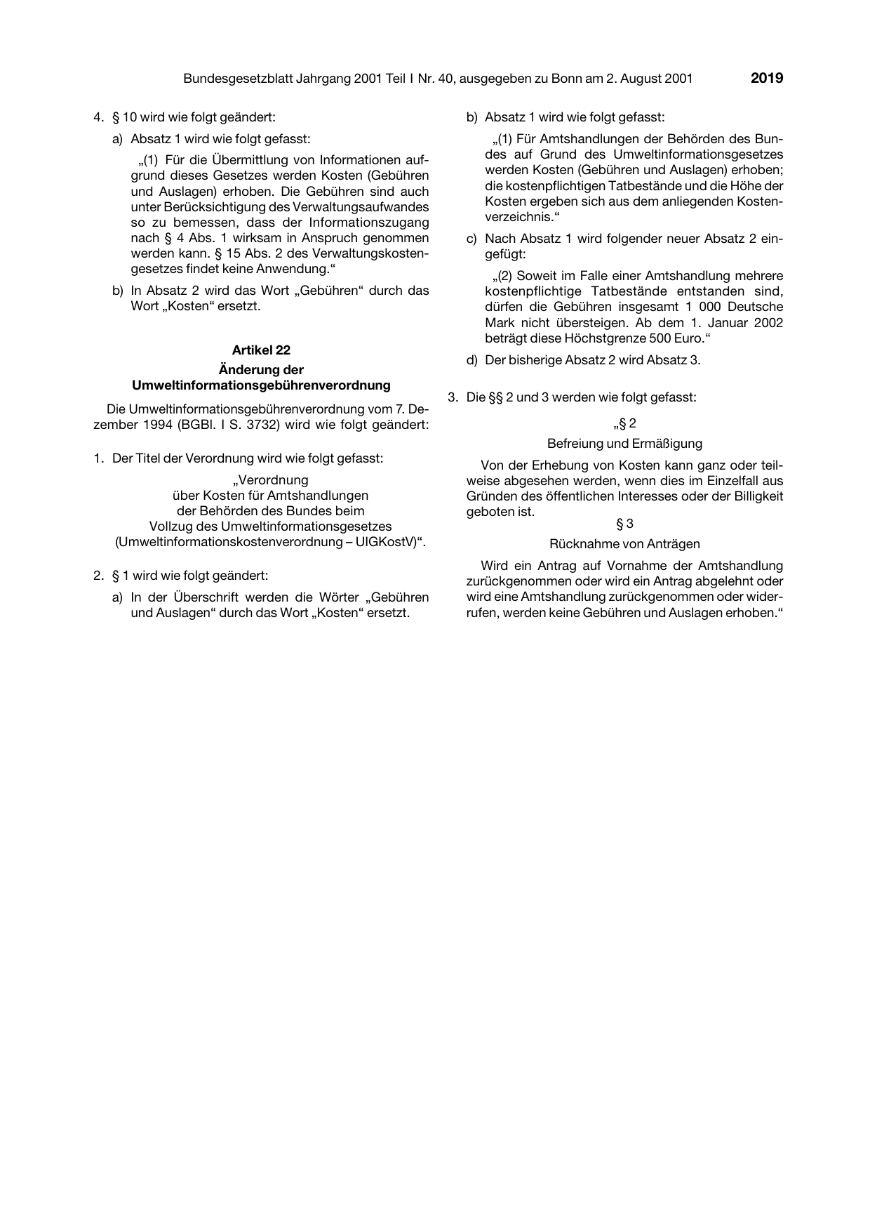 BGBl. 2001, Seite 2019 — Originalseite als Abbildung
