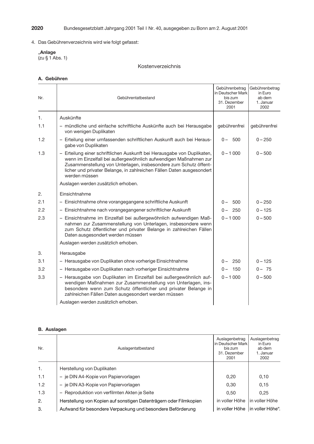 BGBl. 2001, Seite 2020 — Originalseite als Abbildung