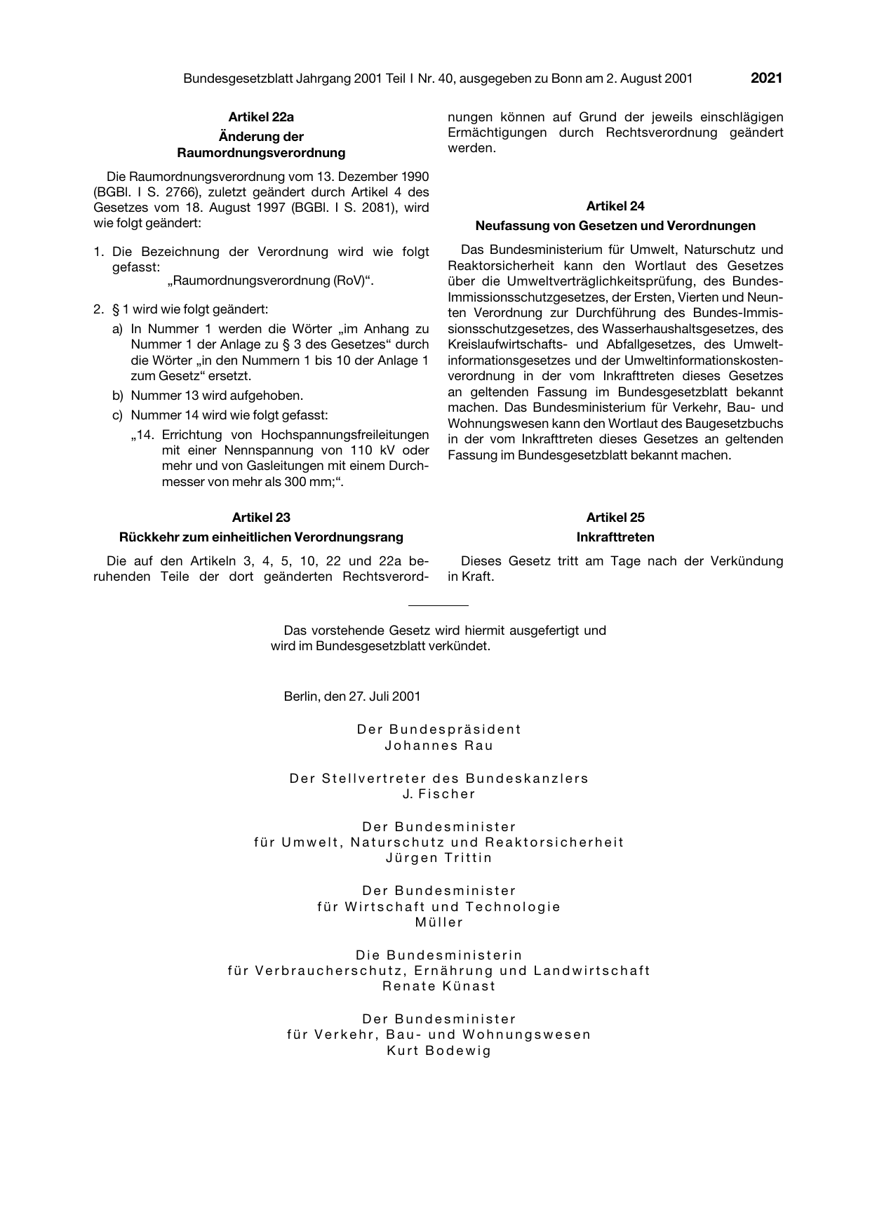 BGBl. 2001, Seite 2021 — Originalseite als Abbildung