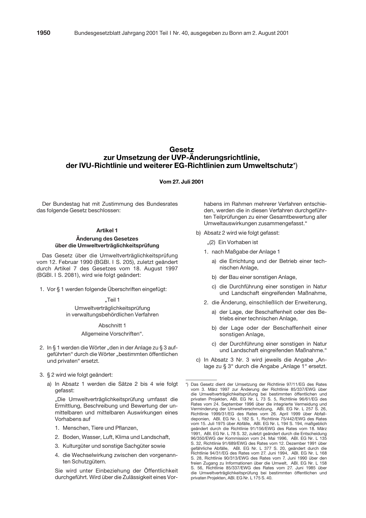 BGBl. 2001, Seite 1950 — Originalseite als Abbildung