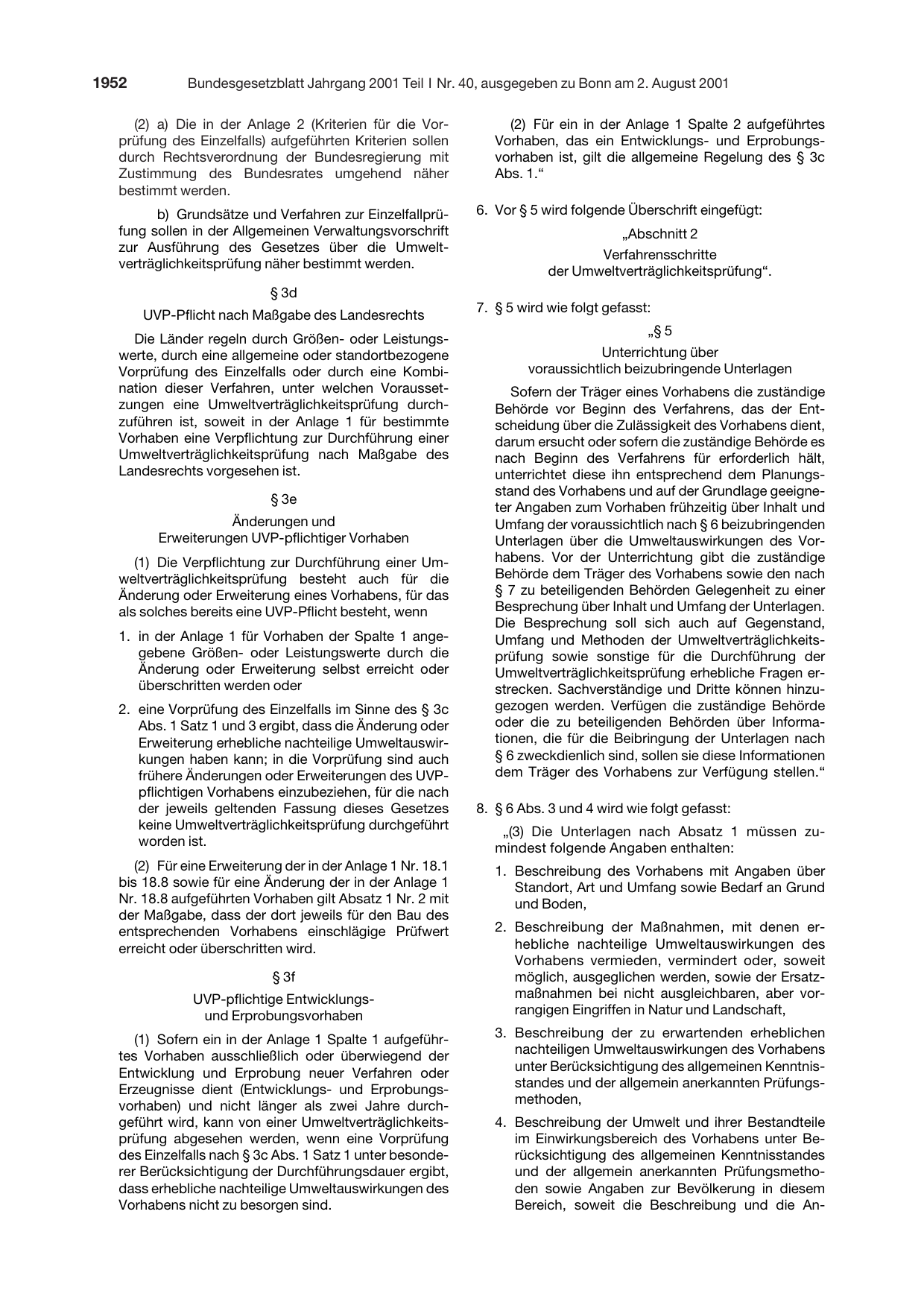 BGBl. 2001, Seite 1952 — Originalseite als Abbildung