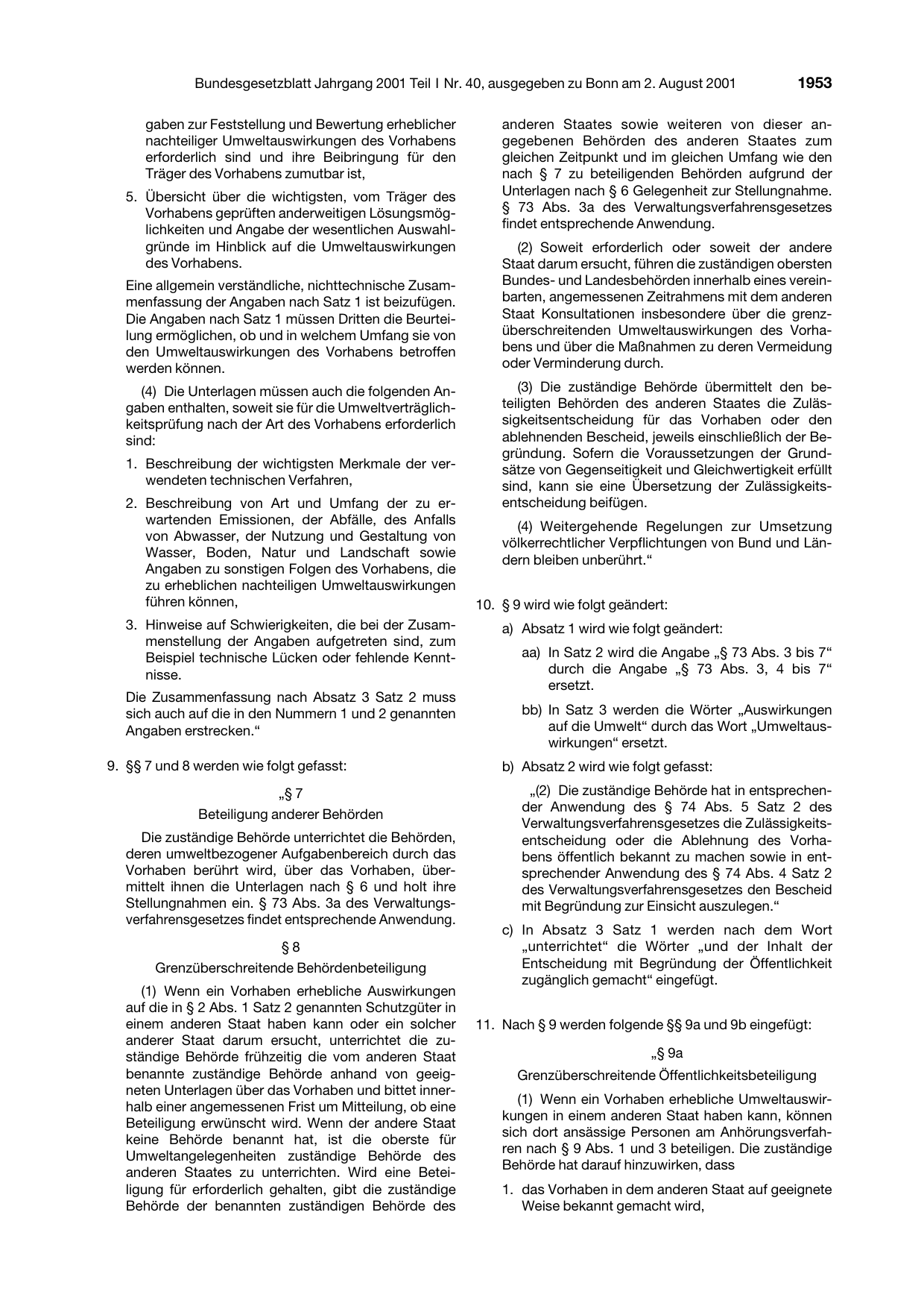 BGBl. 2001, Seite 1953 — Originalseite als Abbildung