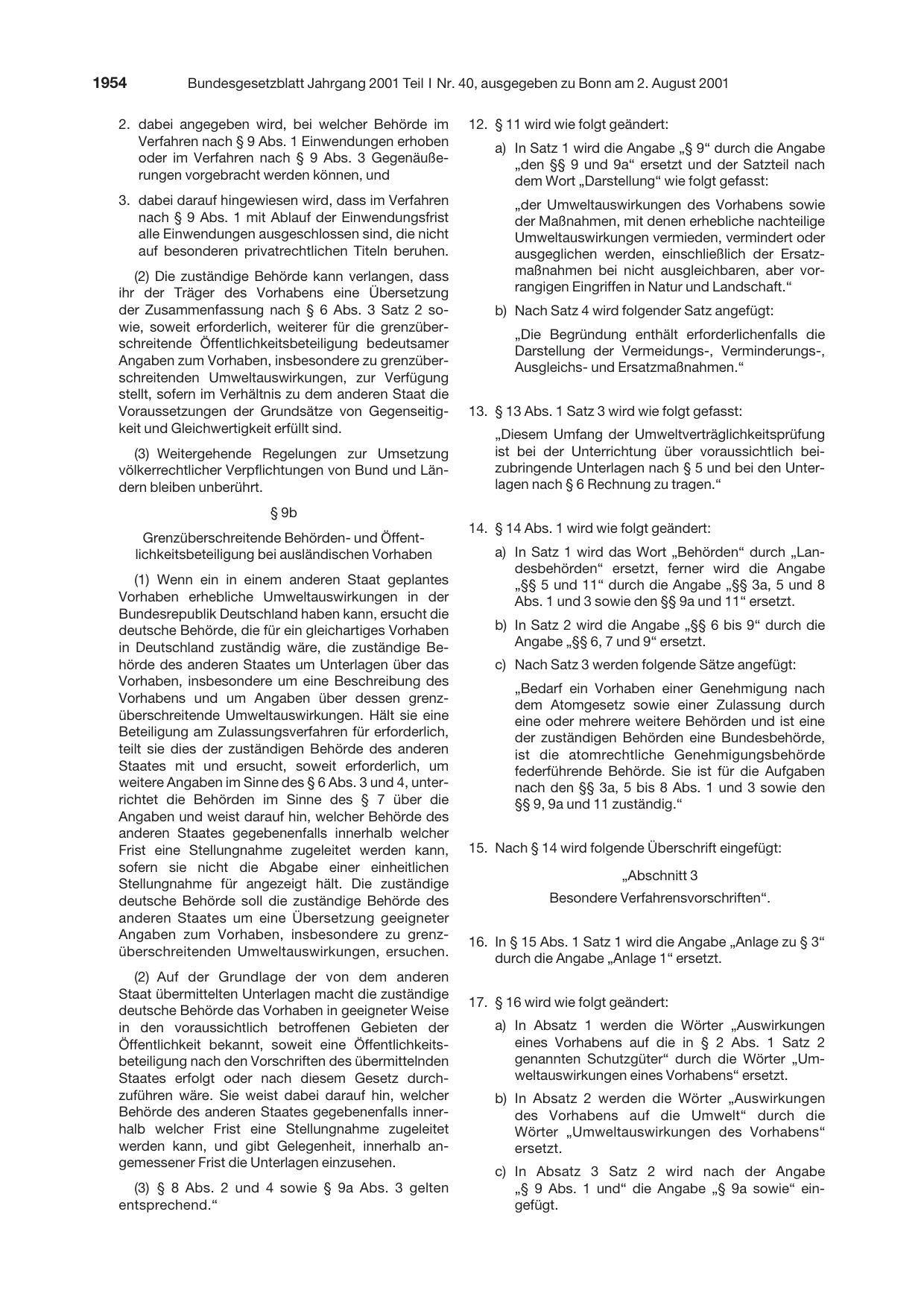 BGBl. 2001, Seite 1954 — Originalseite als Abbildung