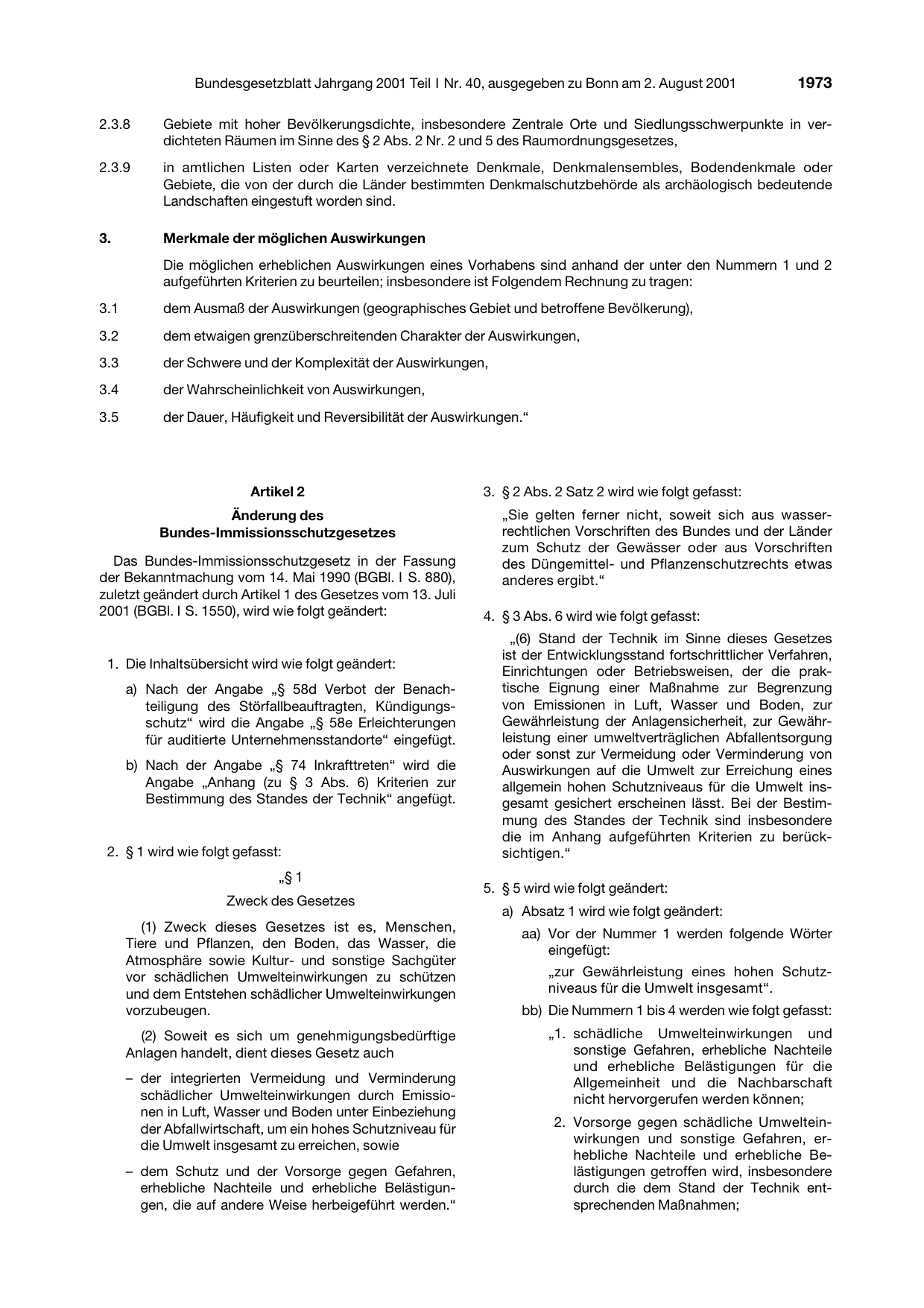 BGBl. 2001, Seite 1973 — Originalseite als Abbildung