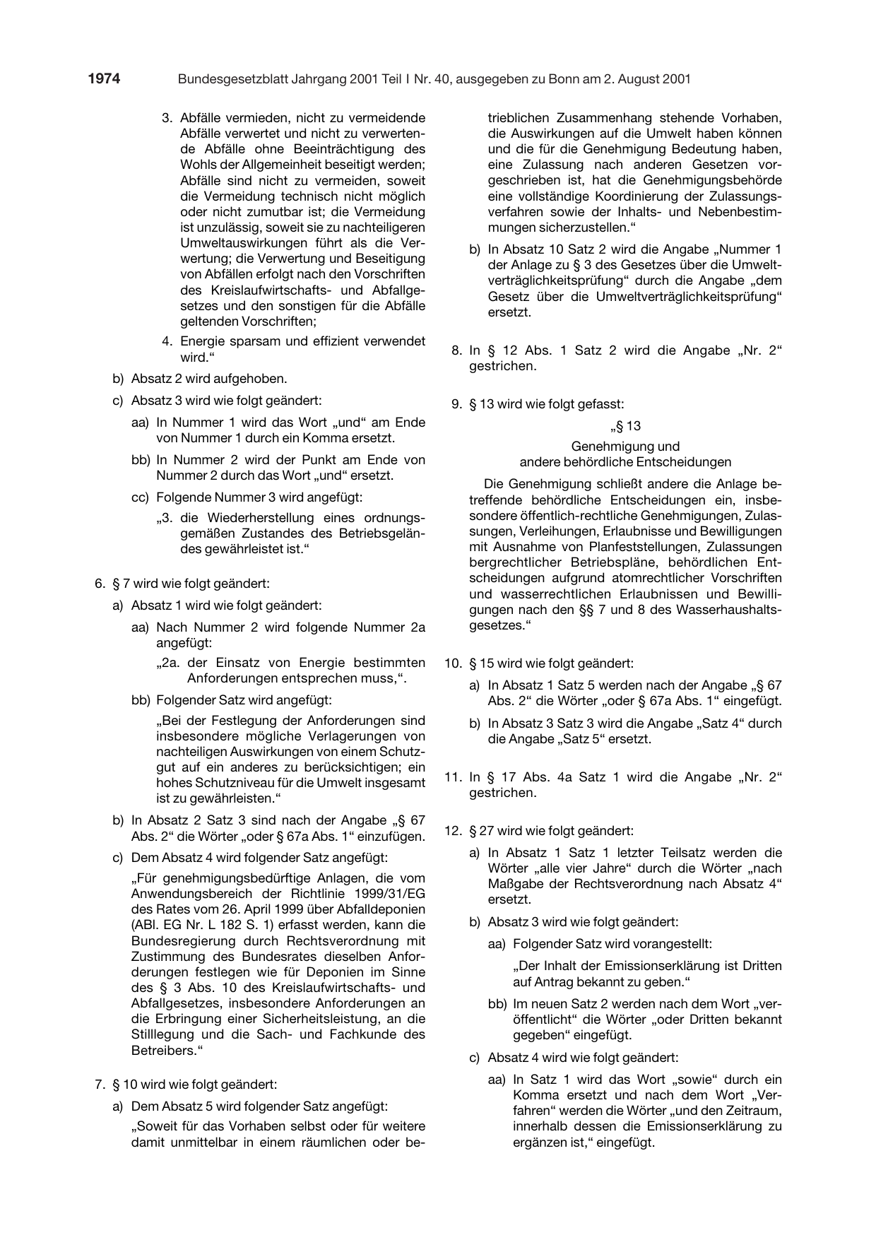 BGBl. 2001, Seite 1974 — Originalseite als Abbildung