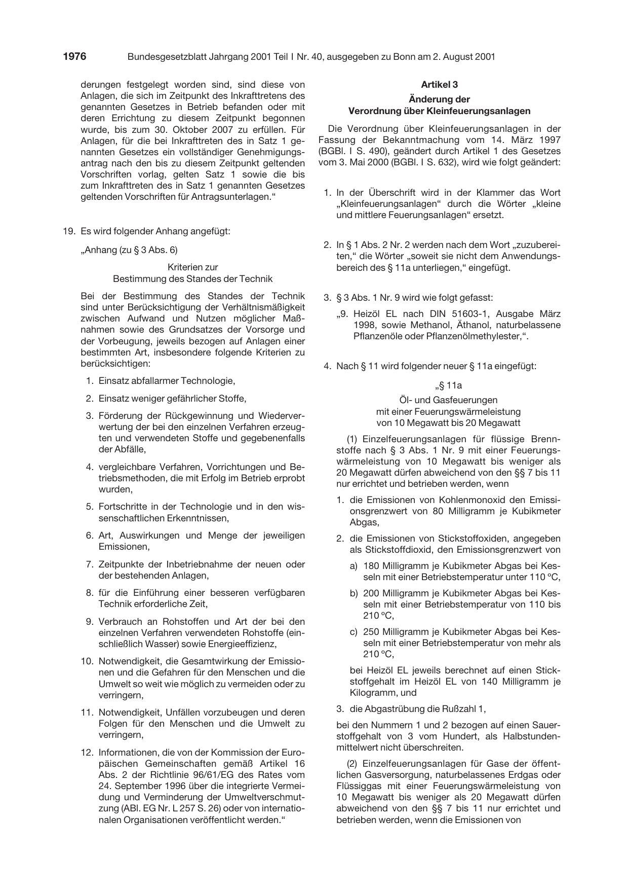 BGBl. 2001, Seite 1976 — Originalseite als Abbildung