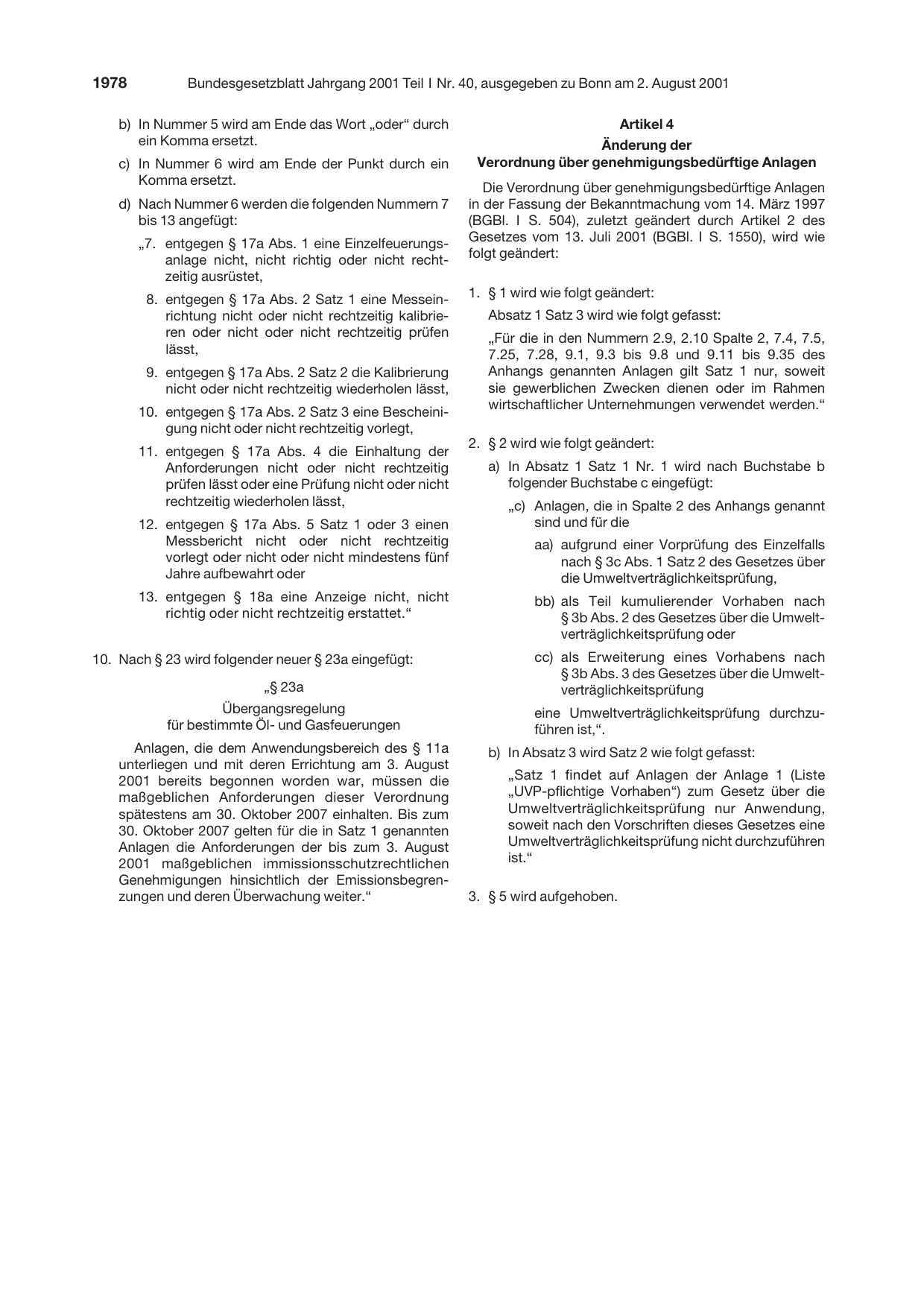 BGBl. 2001, Seite 1978 — Originalseite als Abbildung