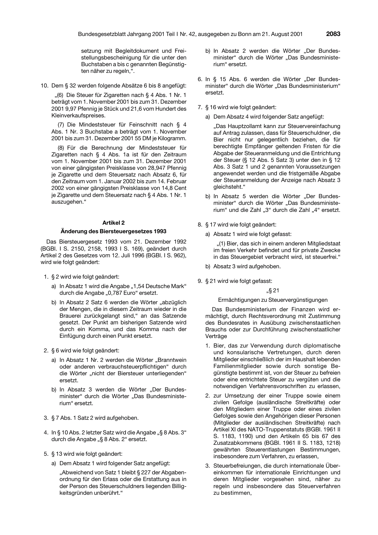 BGBl. 2001, Seite 2083 — Originalseite als Abbildung