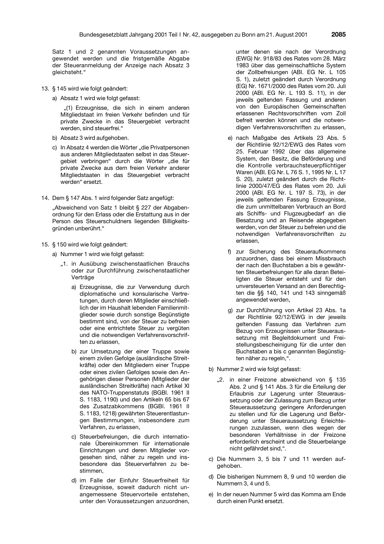 BGBl. 2001, Seite 2085 — Originalseite als Abbildung