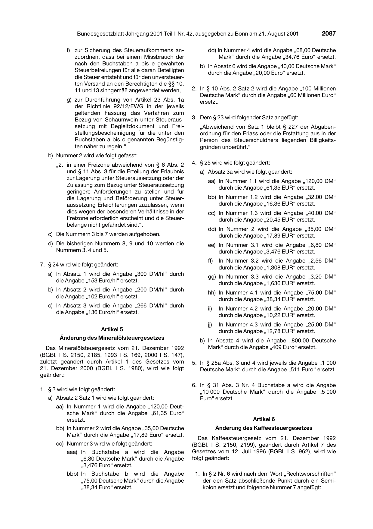 BGBl. 2001, Seite 2087 — Originalseite als Abbildung