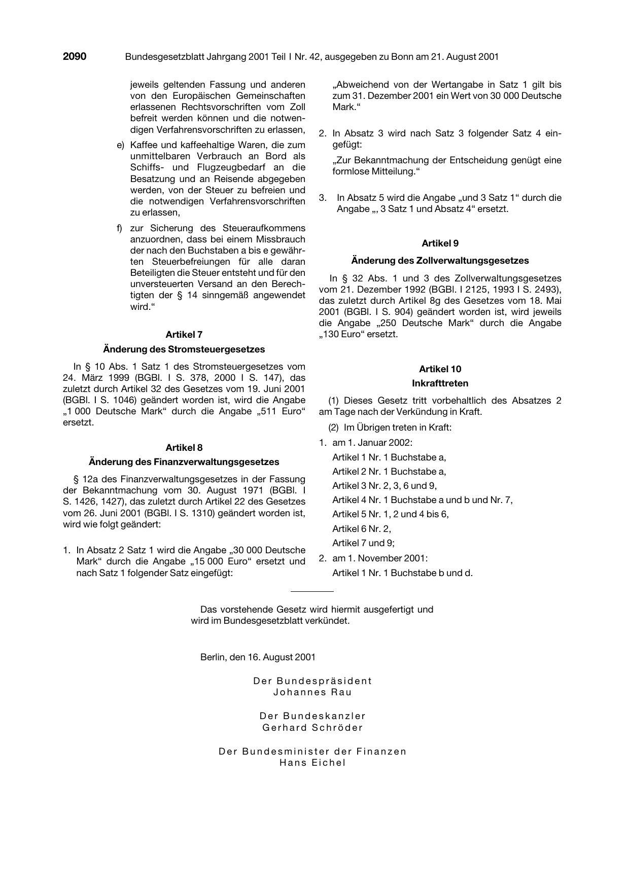 BGBl. 2001, Seite 2090 — Originalseite als Abbildung