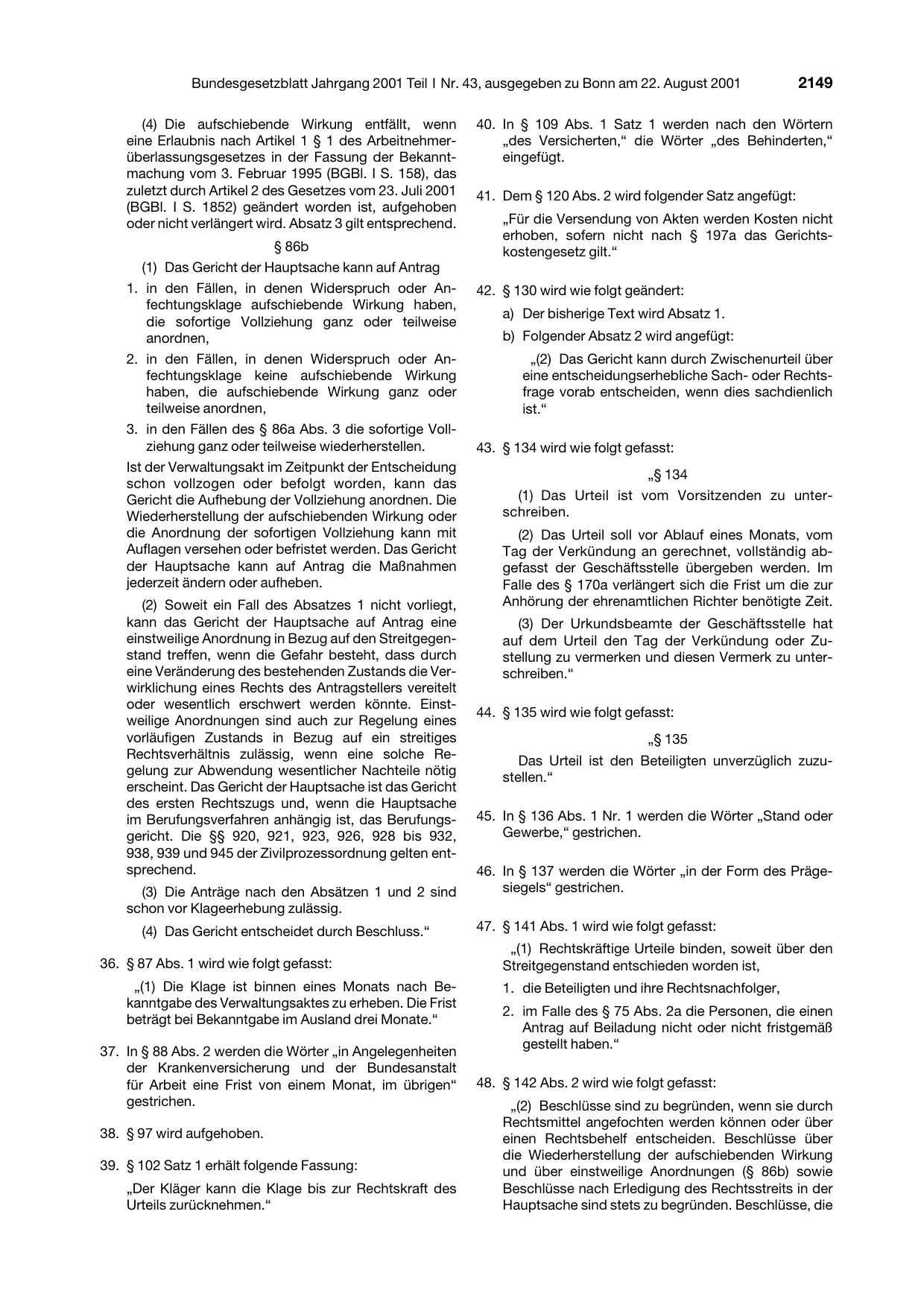BGBl. 2001, Seite 2149 — Originalseite als Abbildung