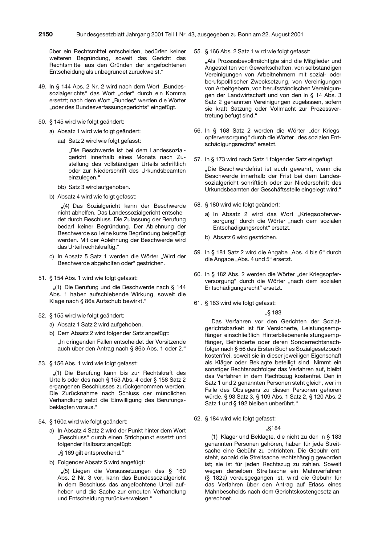 BGBl. 2001, Seite 2150 — Originalseite als Abbildung