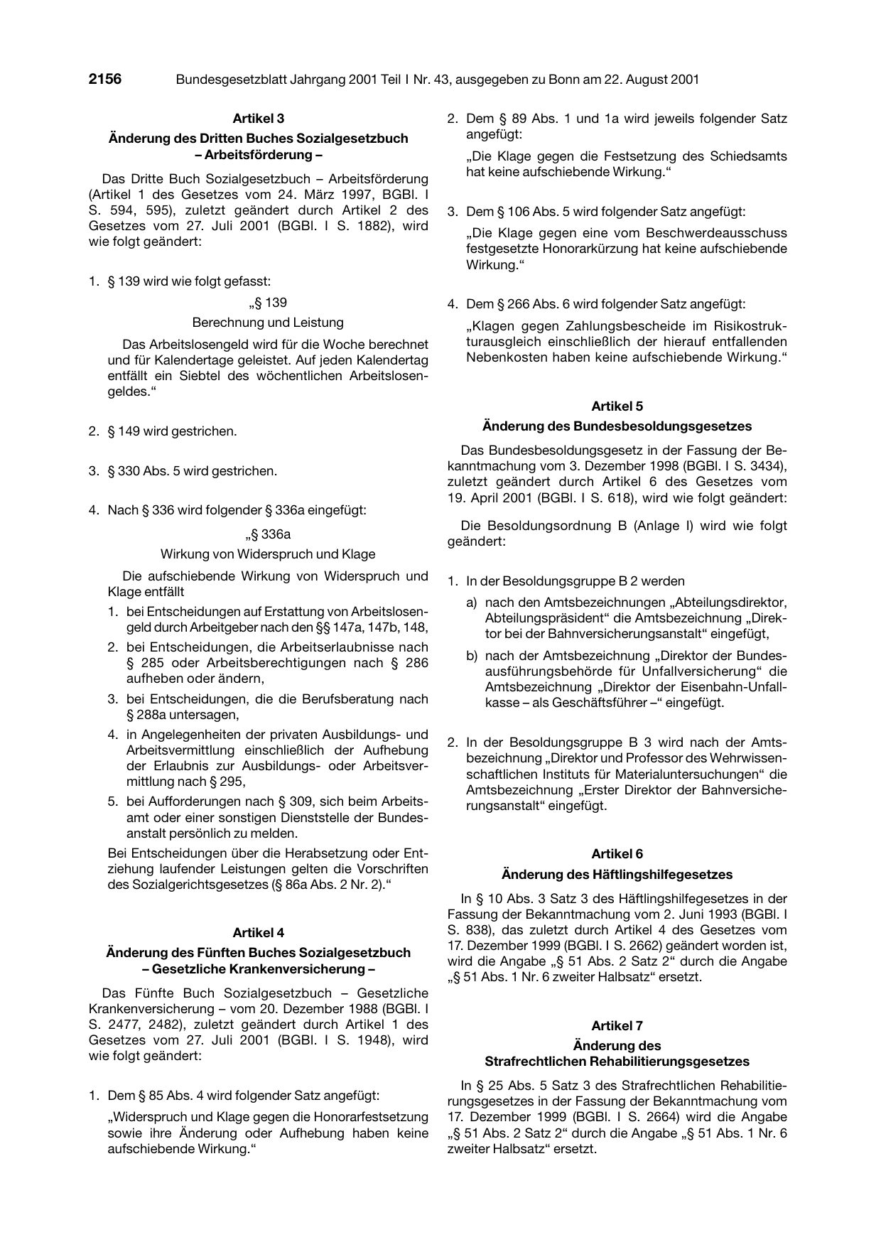BGBl. 2001, Seite 2156 — Originalseite als Abbildung