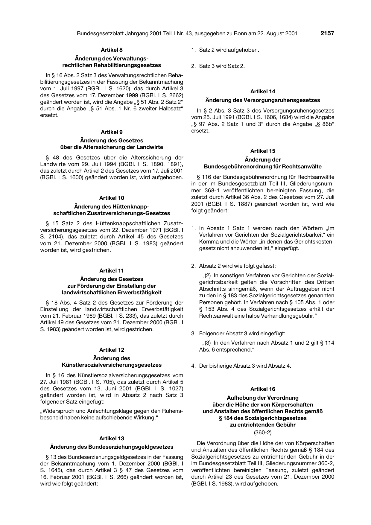 BGBl. 2001, Seite 2157 — Originalseite als Abbildung