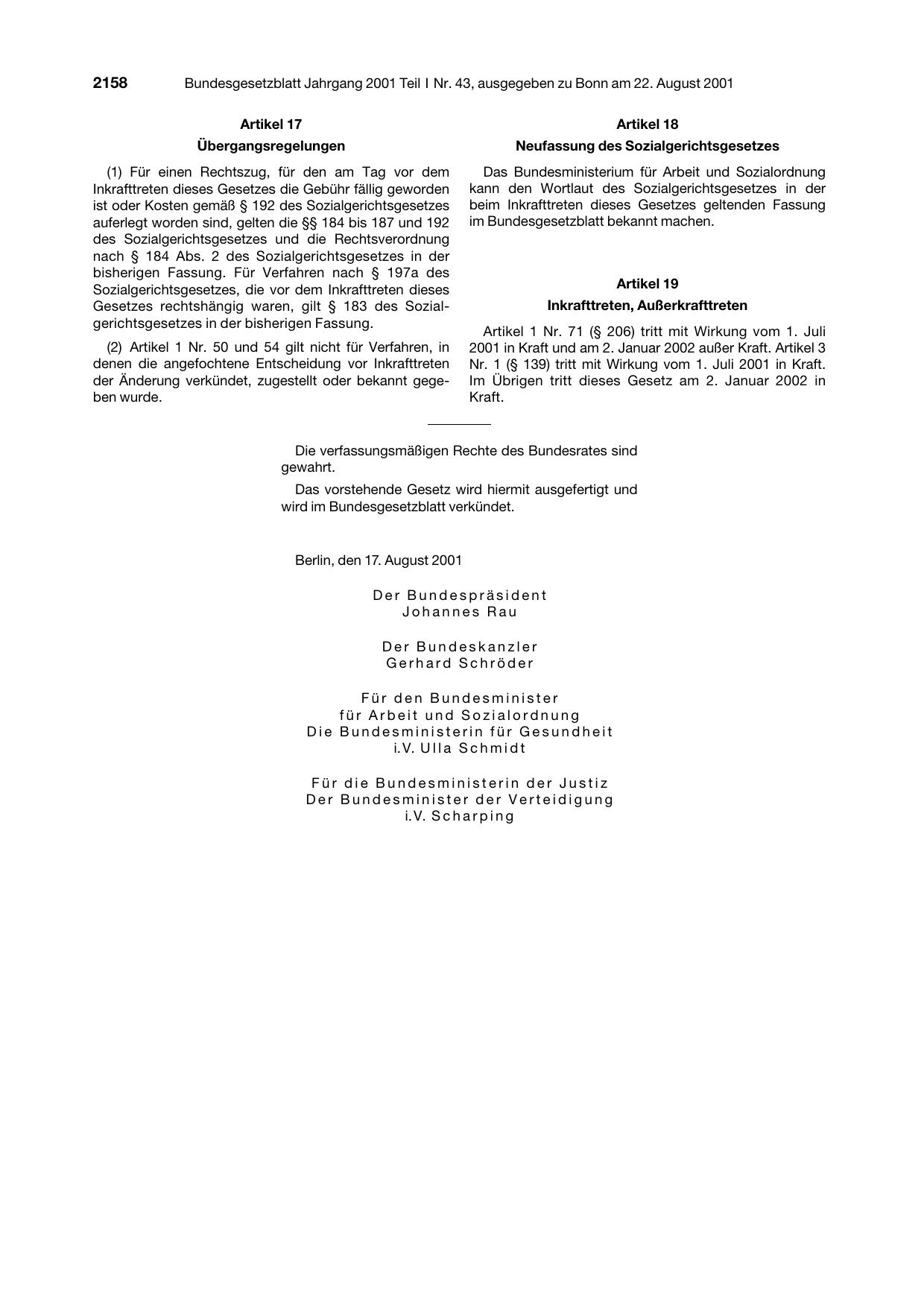 BGBl. 2001, Seite 2158 — Originalseite als Abbildung