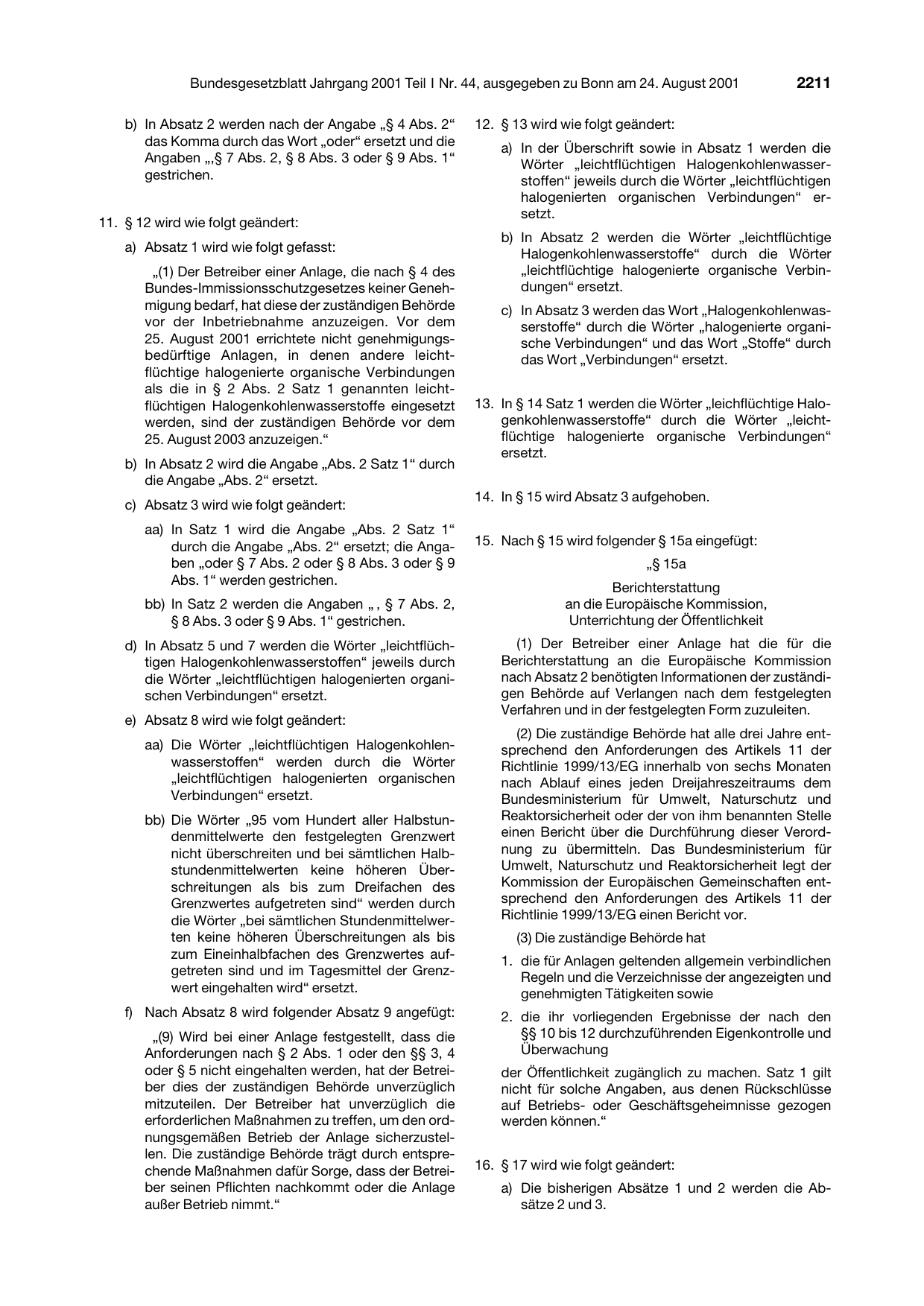 BGBl. 2001, Seite 2211 — Originalseite als Abbildung
