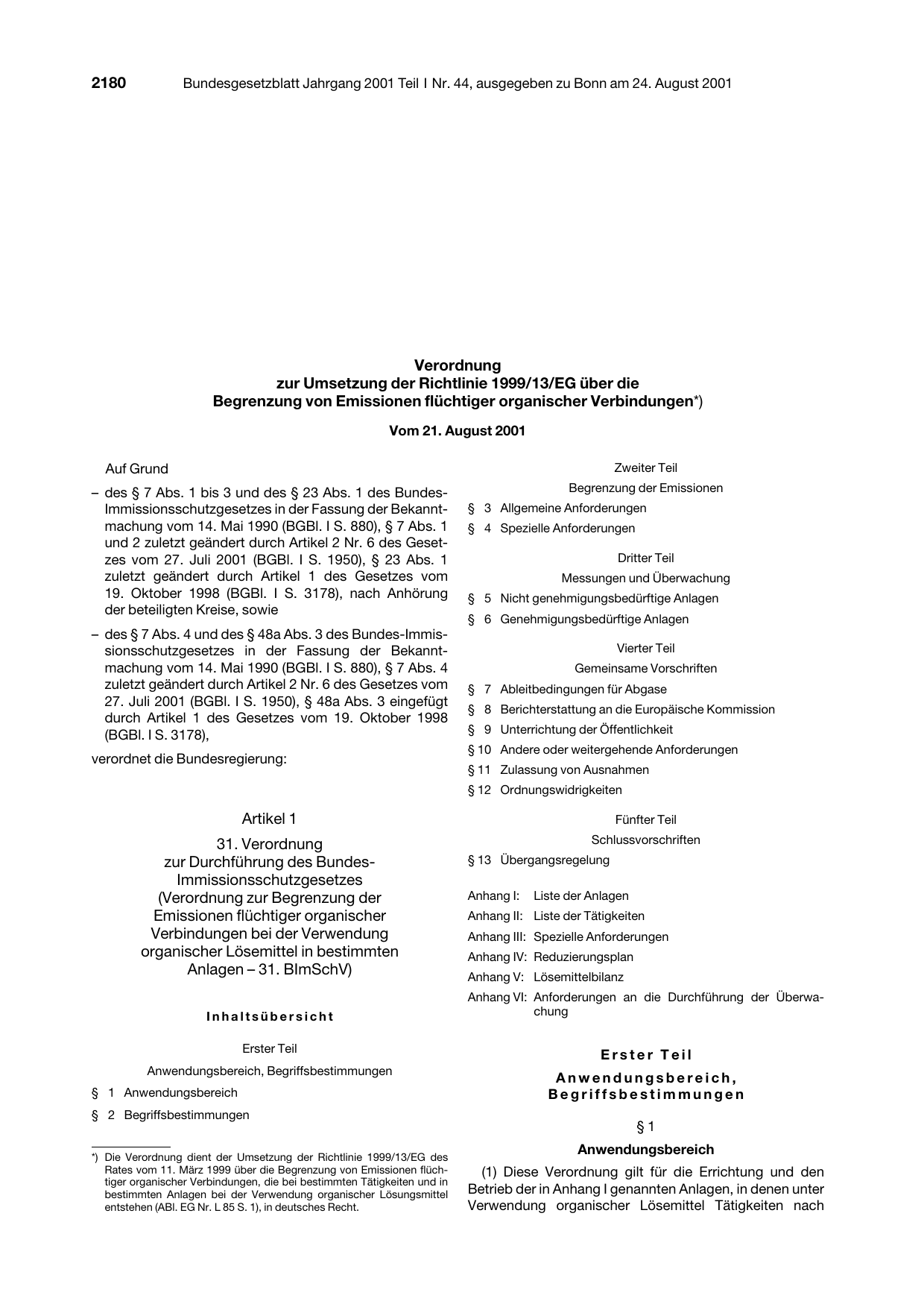 BGBl. 2001, Seite 2180 — Originalseite als Abbildung