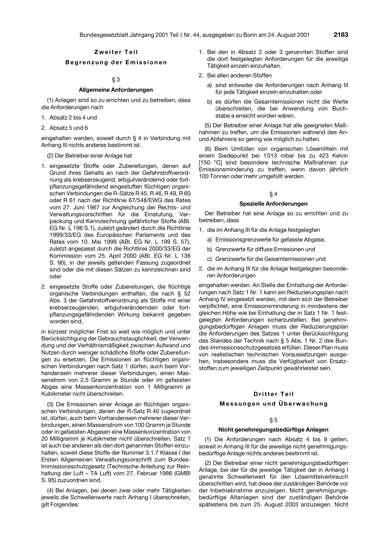 BGBl. 2001, Seite 2183 — Originalseite als Abbildung