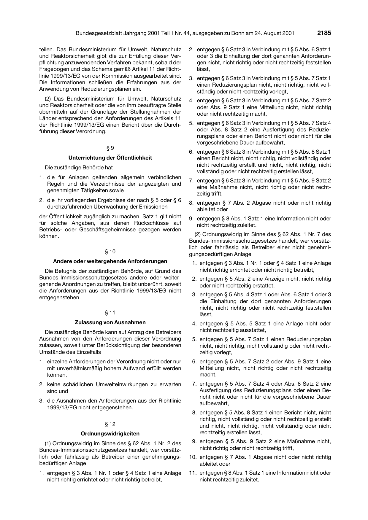BGBl. 2001, Seite 2185 — Originalseite als Abbildung