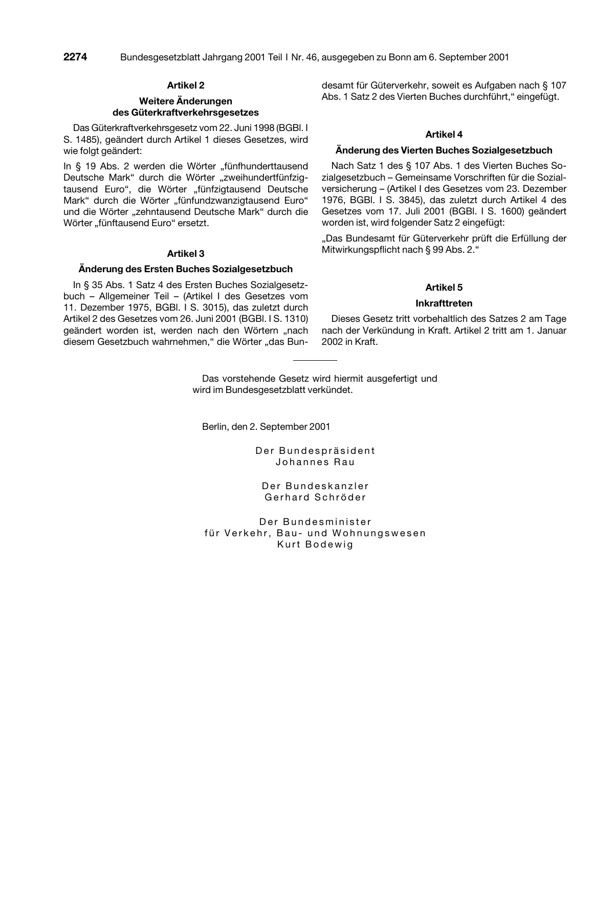 BGBl. 2001, Seite 2274 — Originalseite als Abbildung
