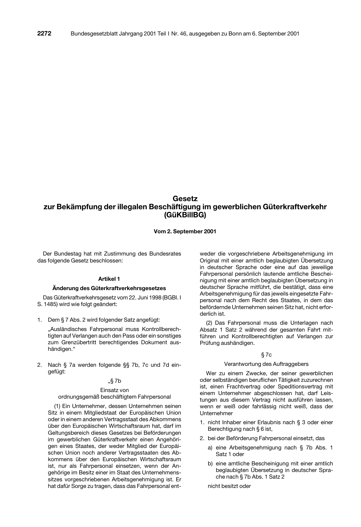BGBl. 2001, Seite 2272 — Originalseite als Abbildung