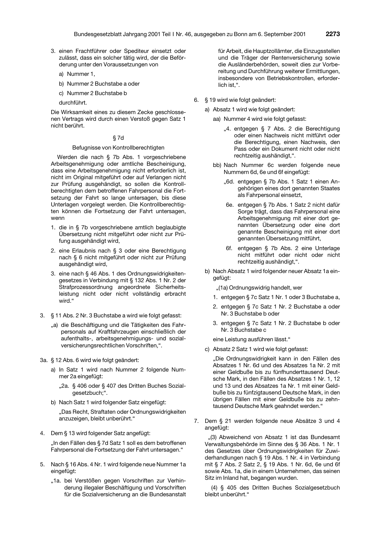 BGBl. 2001, Seite 2273 — Originalseite als Abbildung