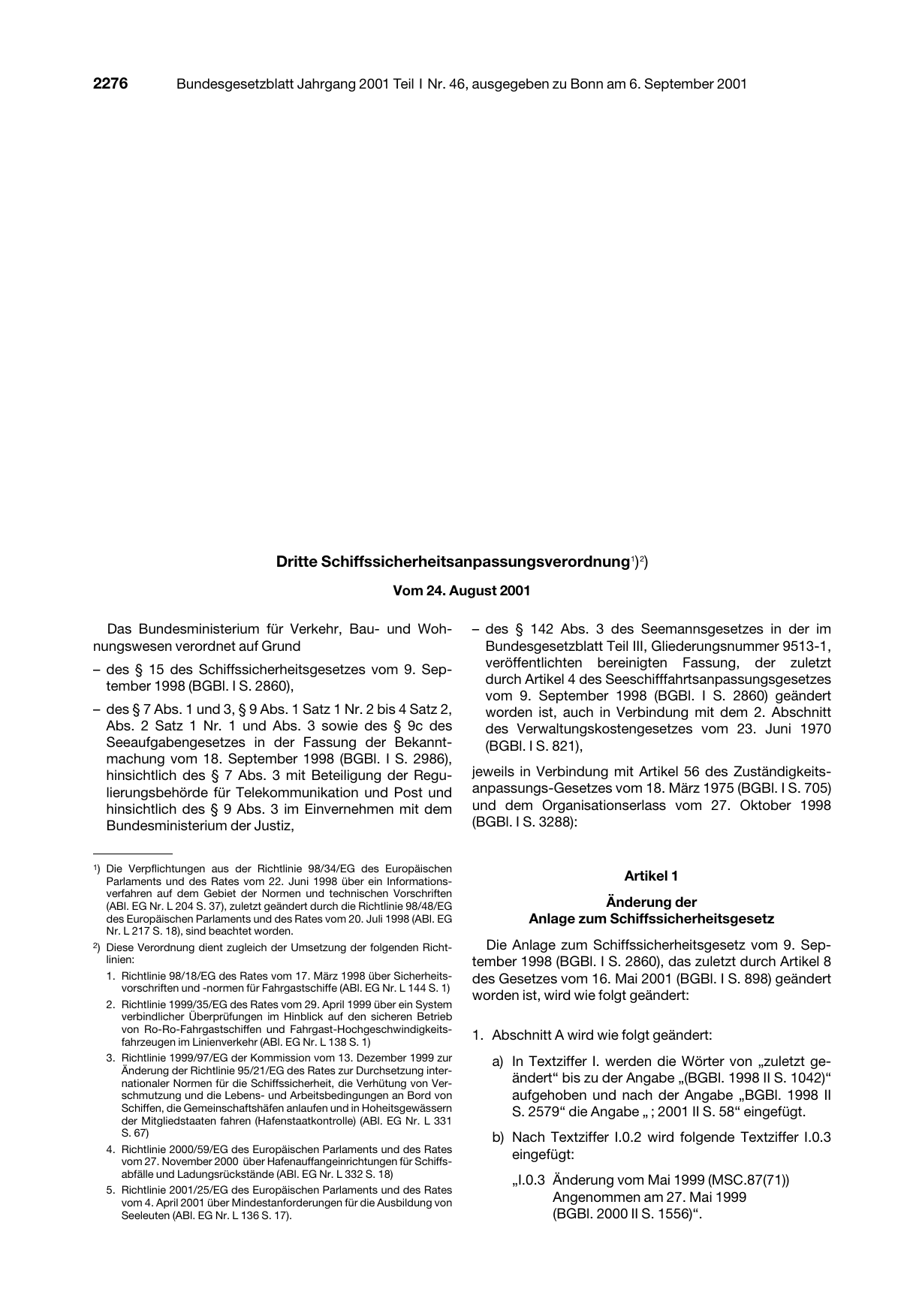 BGBl. 2001, Seite 2276 — Originalseite als Abbildung