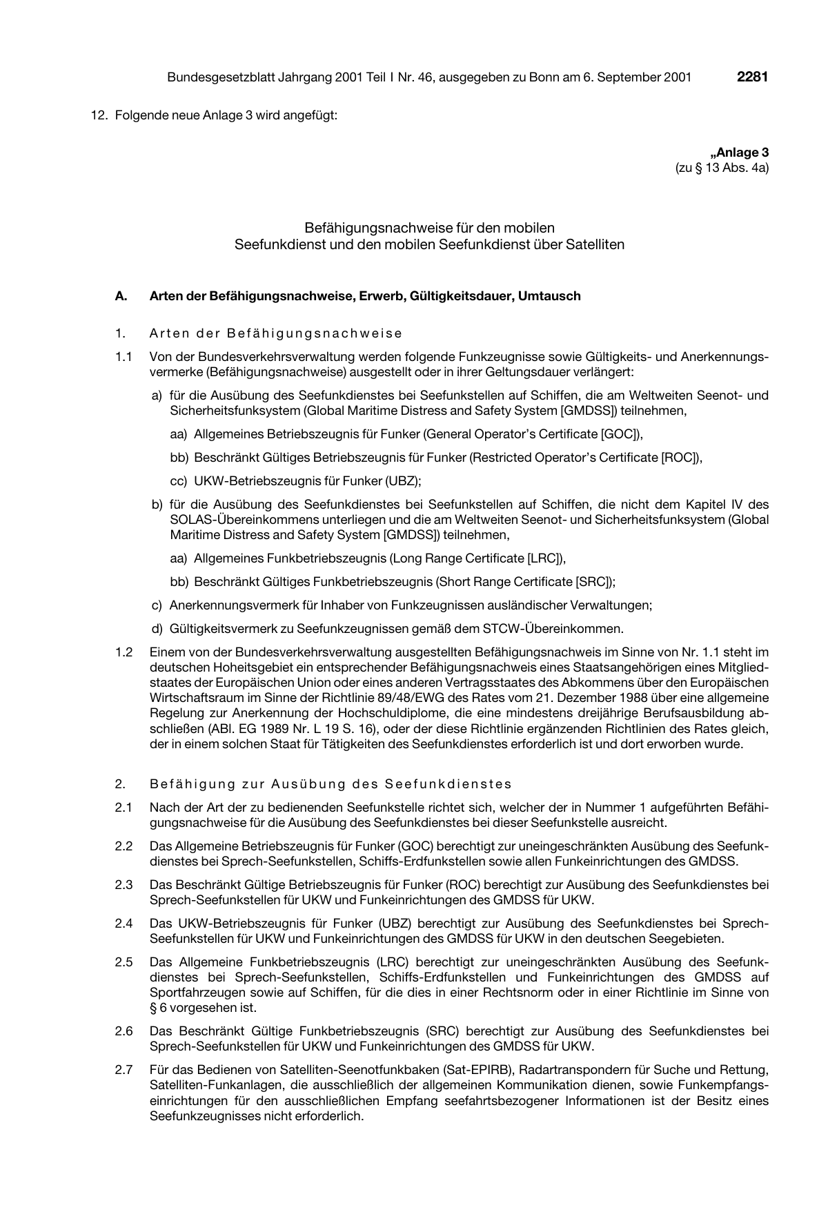 BGBl. 2001, Seite 2281 — Originalseite als Abbildung