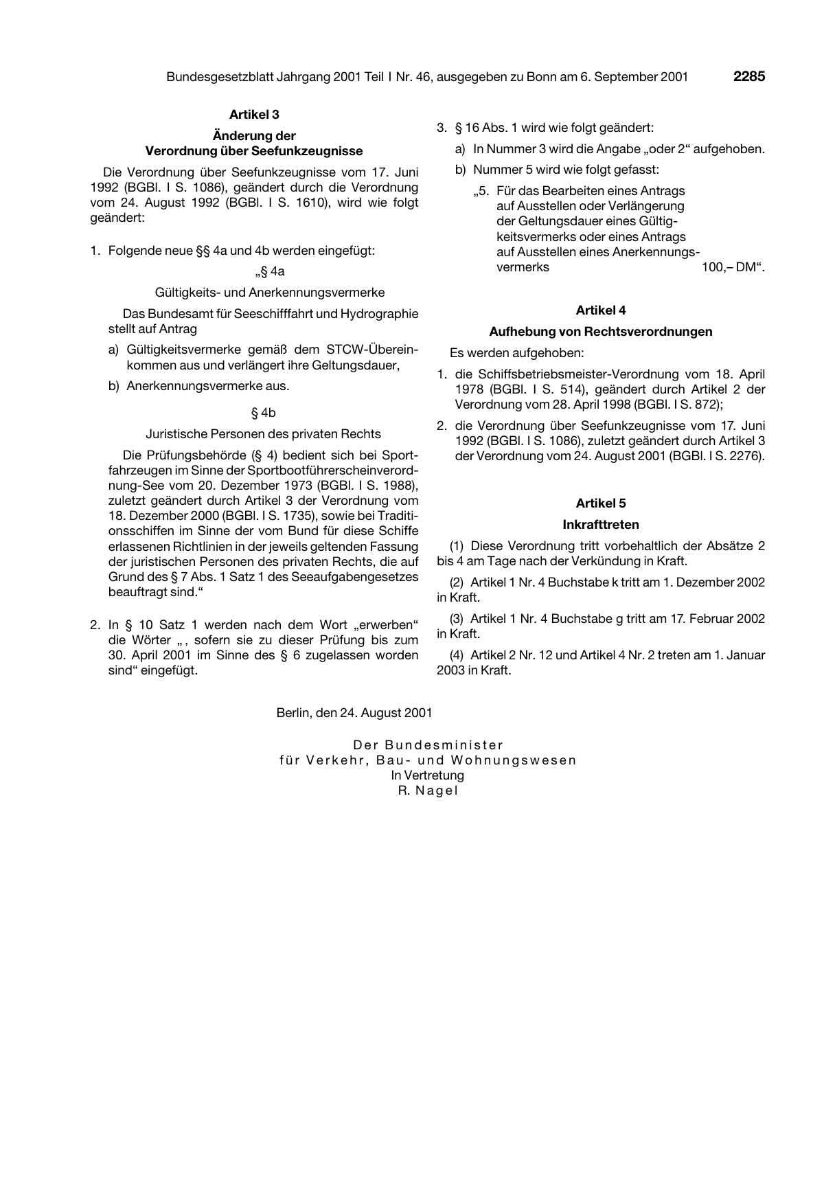 BGBl. 2001, Seite 2285 — Originalseite als Abbildung