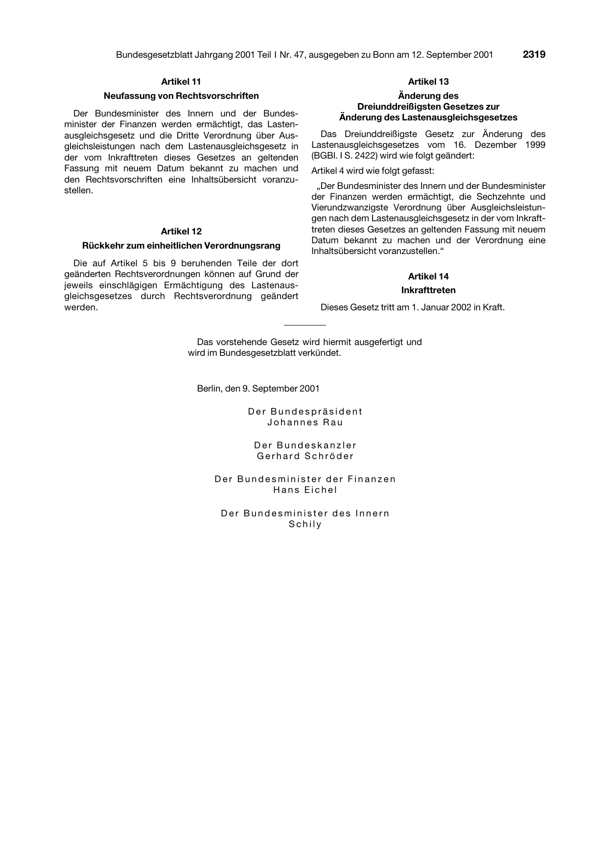 BGBl. 2001, Seite 2319 — Originalseite als Abbildung